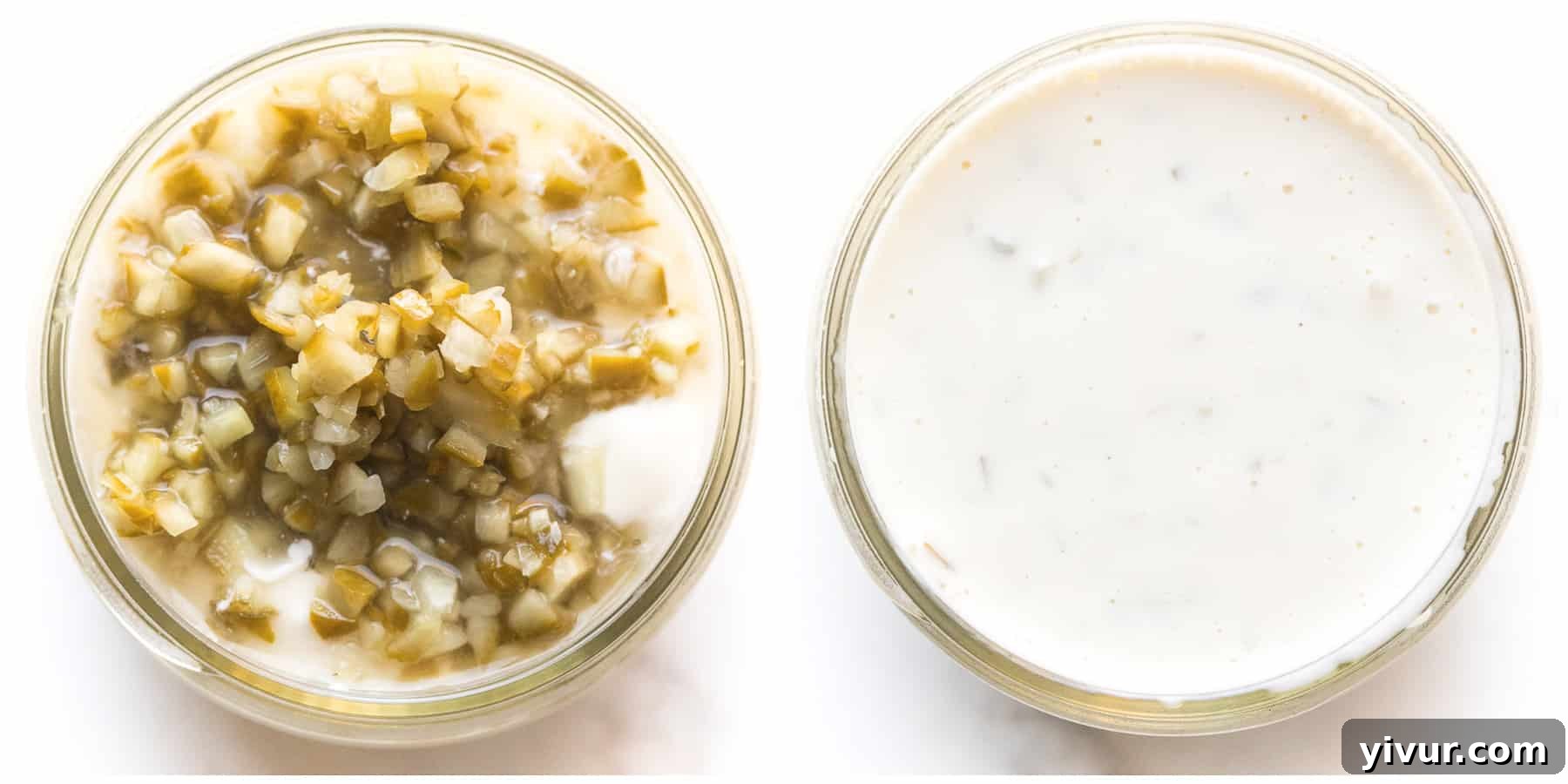 A series of three images demonstrating the easy steps to make tartar sauce: ingredients, mixing in a bowl, and the finished product