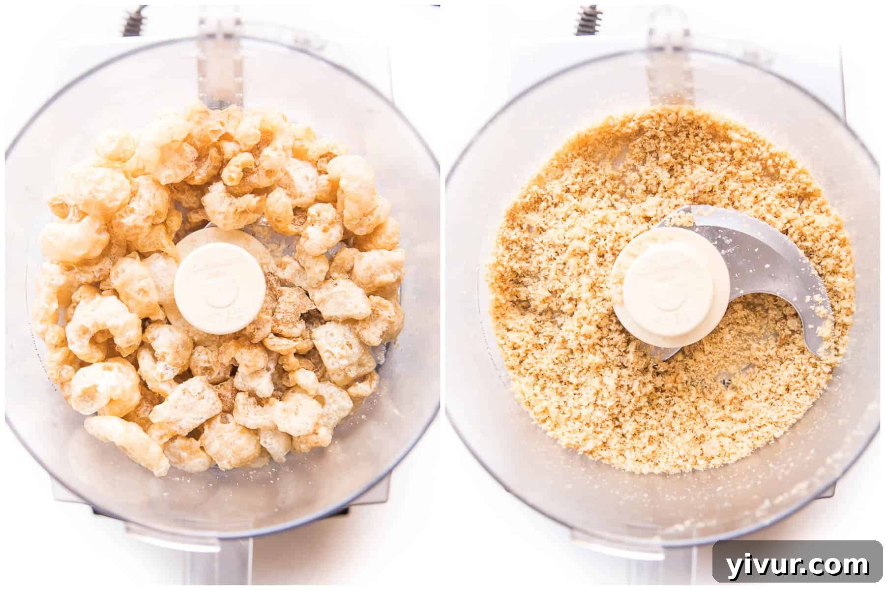 Side-by-side comparison of pork rinds in a food processor before and after blending into fine pork panko crumbs.