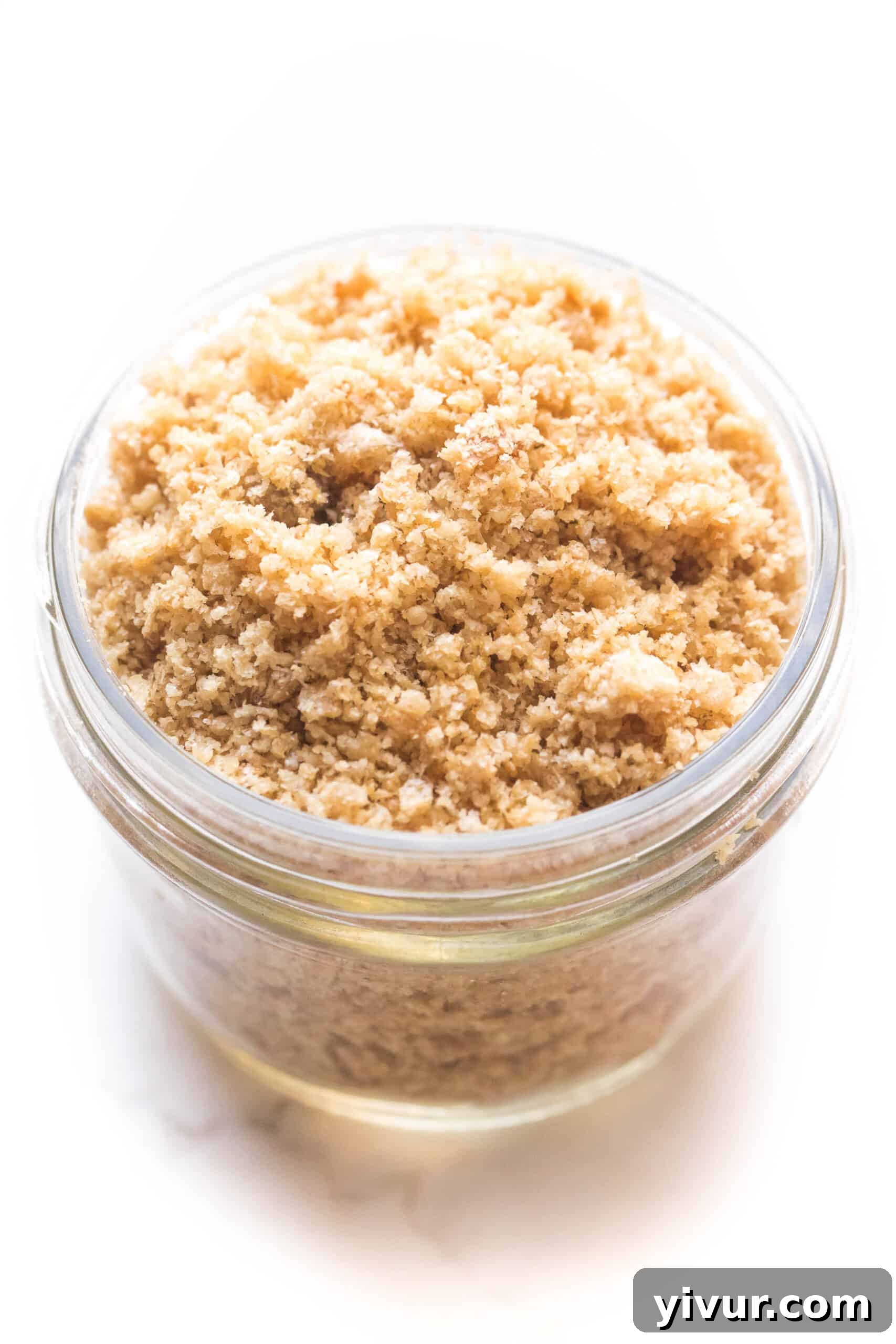 Golden pork rind panko in a clear mason jar, ready to use as a keto and Whole30-friendly breadcrumb substitute.”