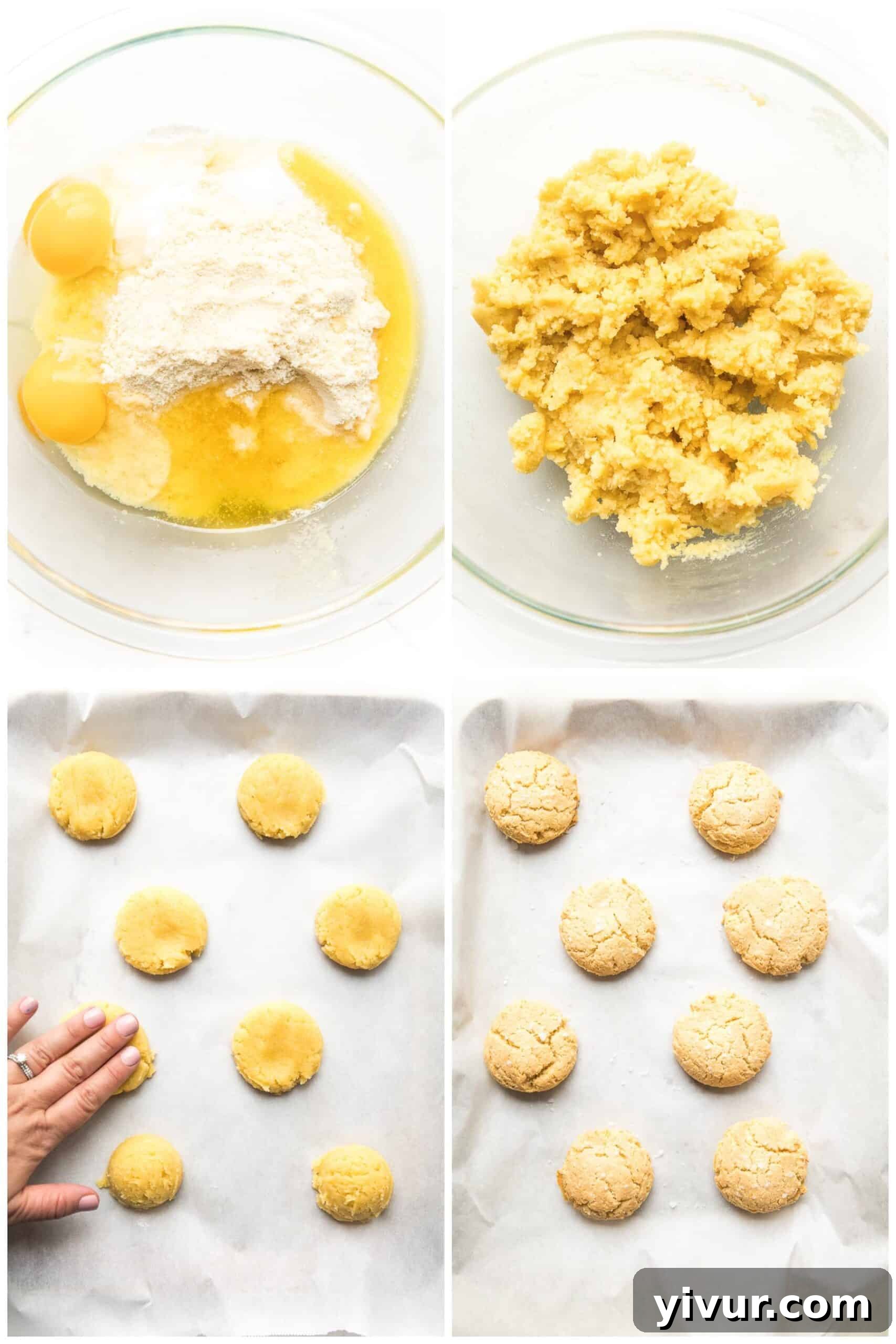 Step-by-step images showing the process of mixing dough and shaping low-carb biscuits on a baking sheet.