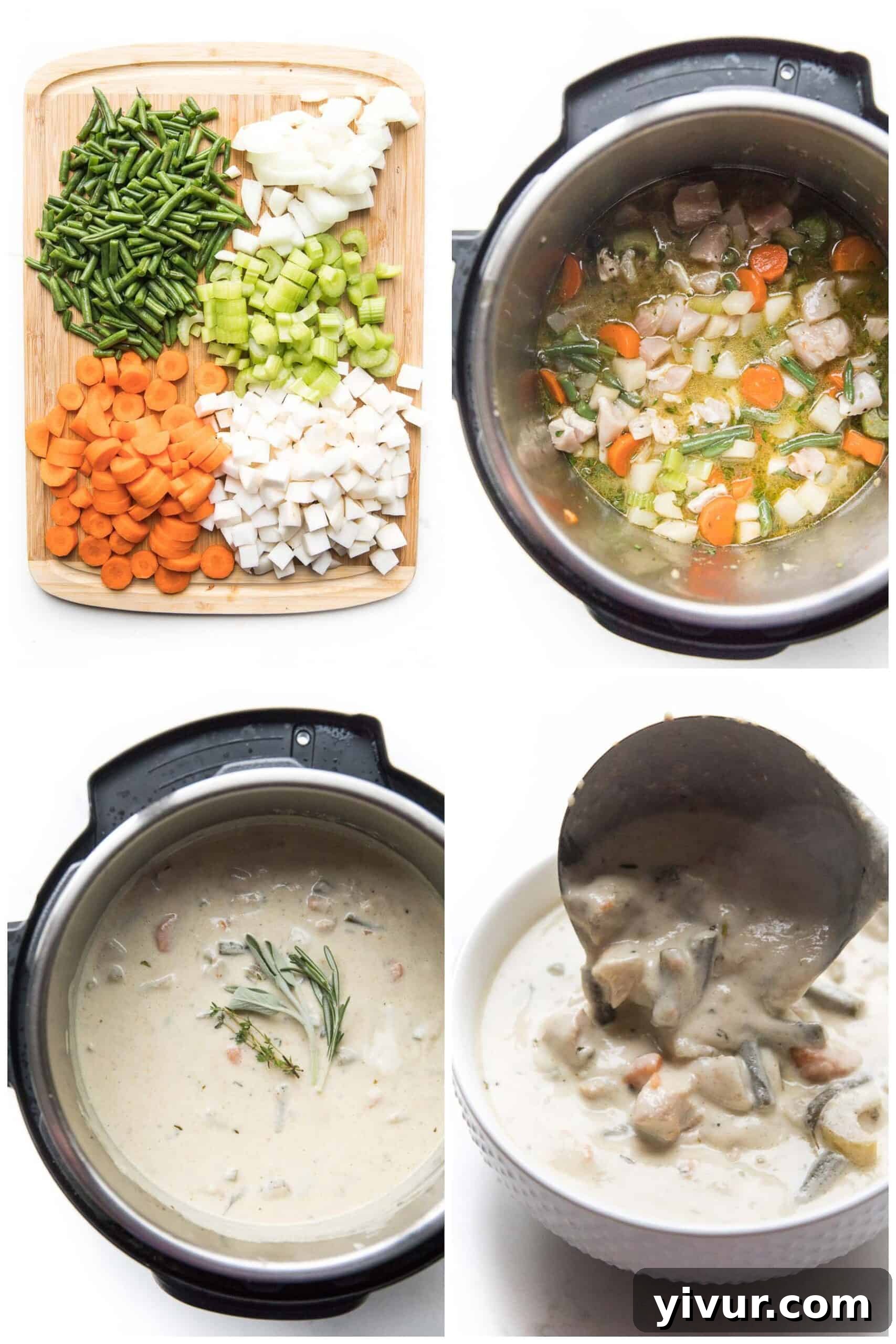 steps to make creamy chicken chowder in the instant pot, showcasing the cooking process