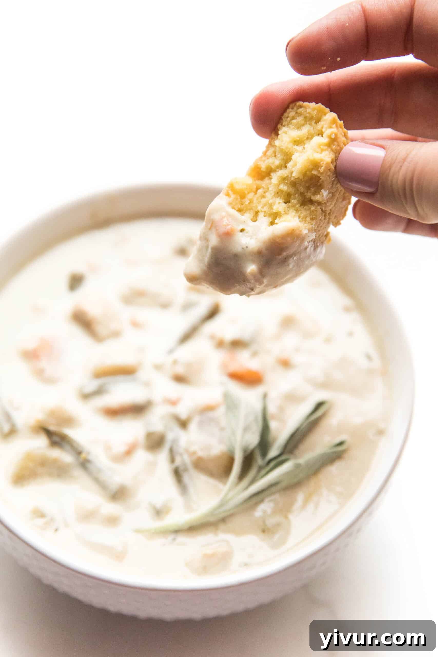 dipping a keto biscuit in creamy chicken chowder in a white bowl, highlighting serving suggestion