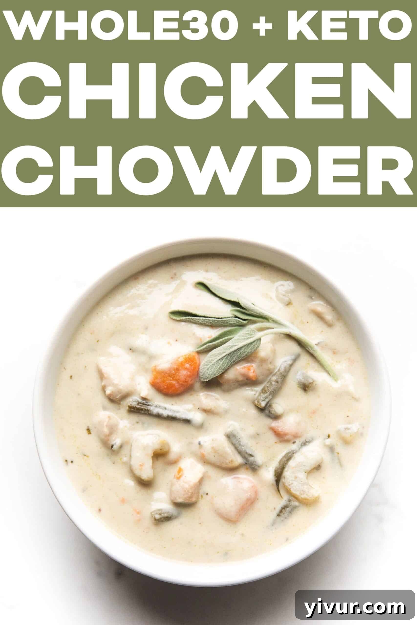 creamy chicken chowder served in a white bowl with fresh garnish on a wooden surface