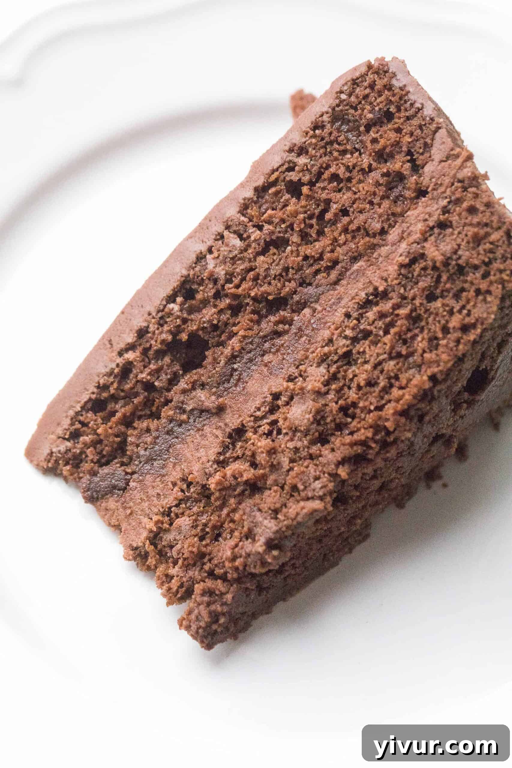 slice of chocolate cake on a white plate