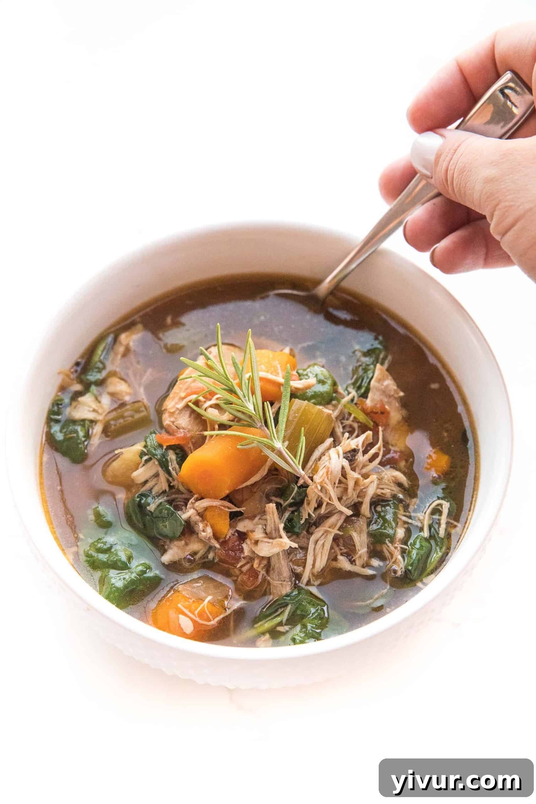 Spoon in a bowl of rustic Tuscan Chicken Soup, garnished with fresh herbs
