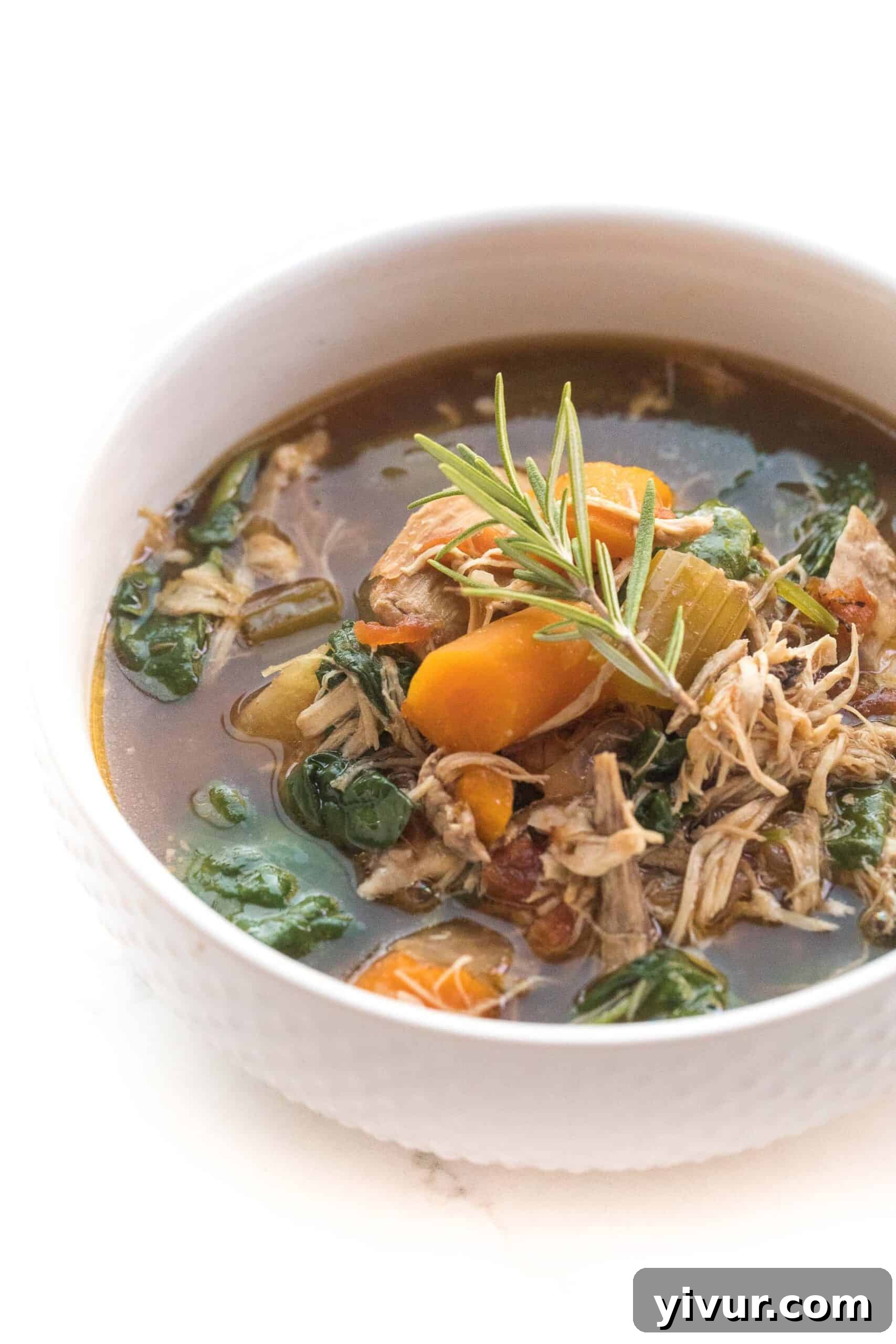 Close-up shot of a bowl of Tuscan chicken soup with spinach and radishes visible