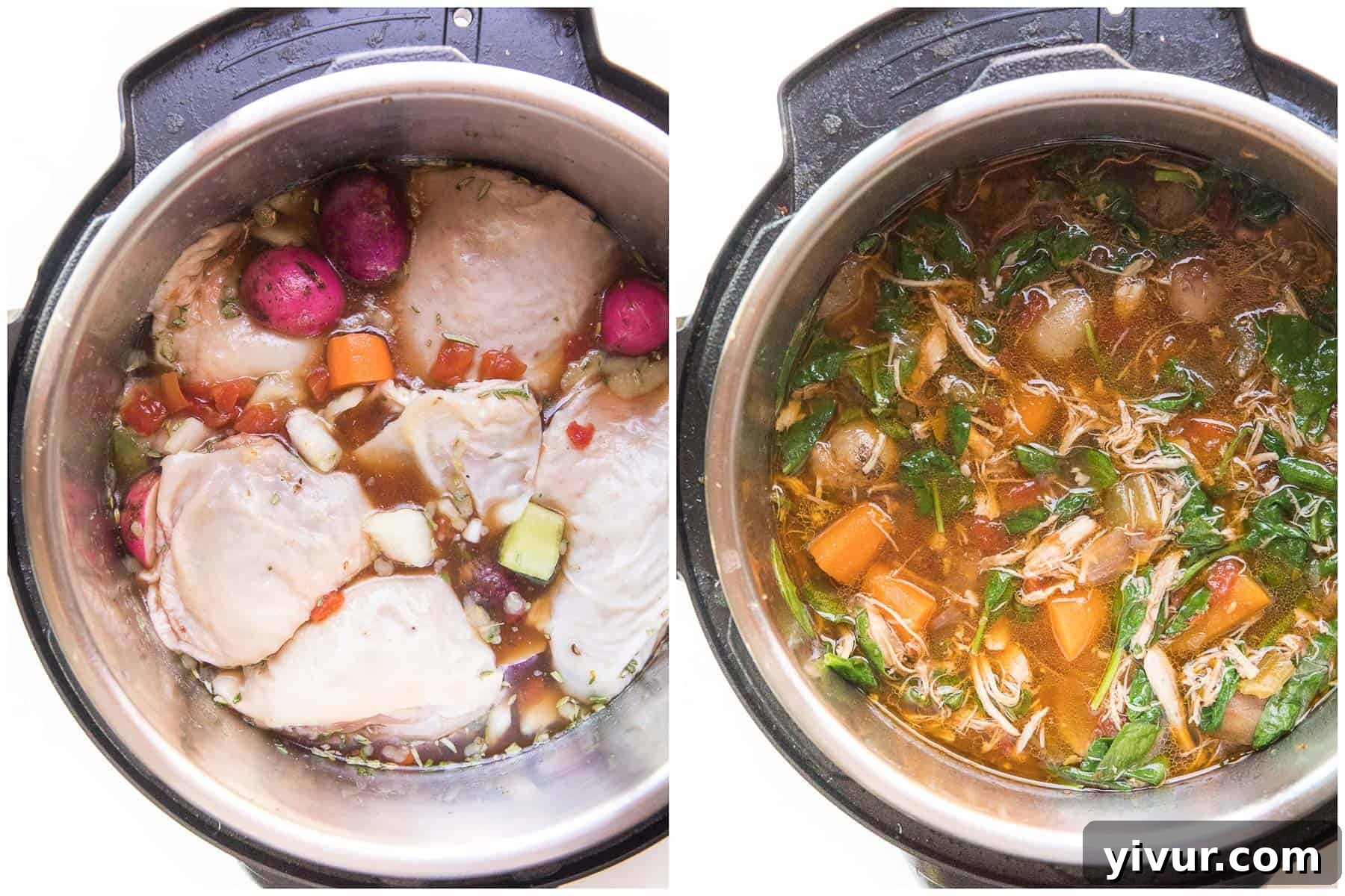 A side-by-side comparison of ingredients before and after cooking in an Instant Pot to make Tuscan Chicken Soup