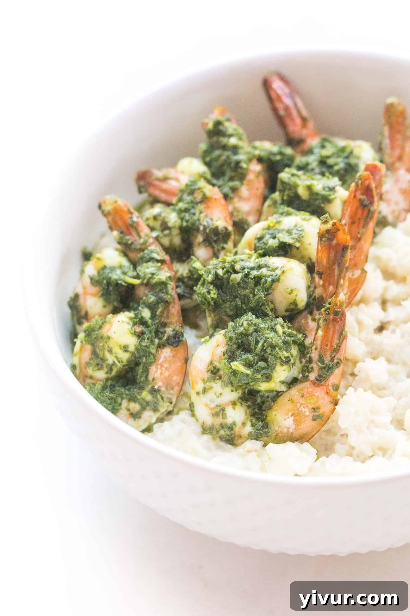 Chimichurri shrimp served beautifully on a bed of cauliflower rice risotto, garnished with fresh herbs, ready to be enjoyed.