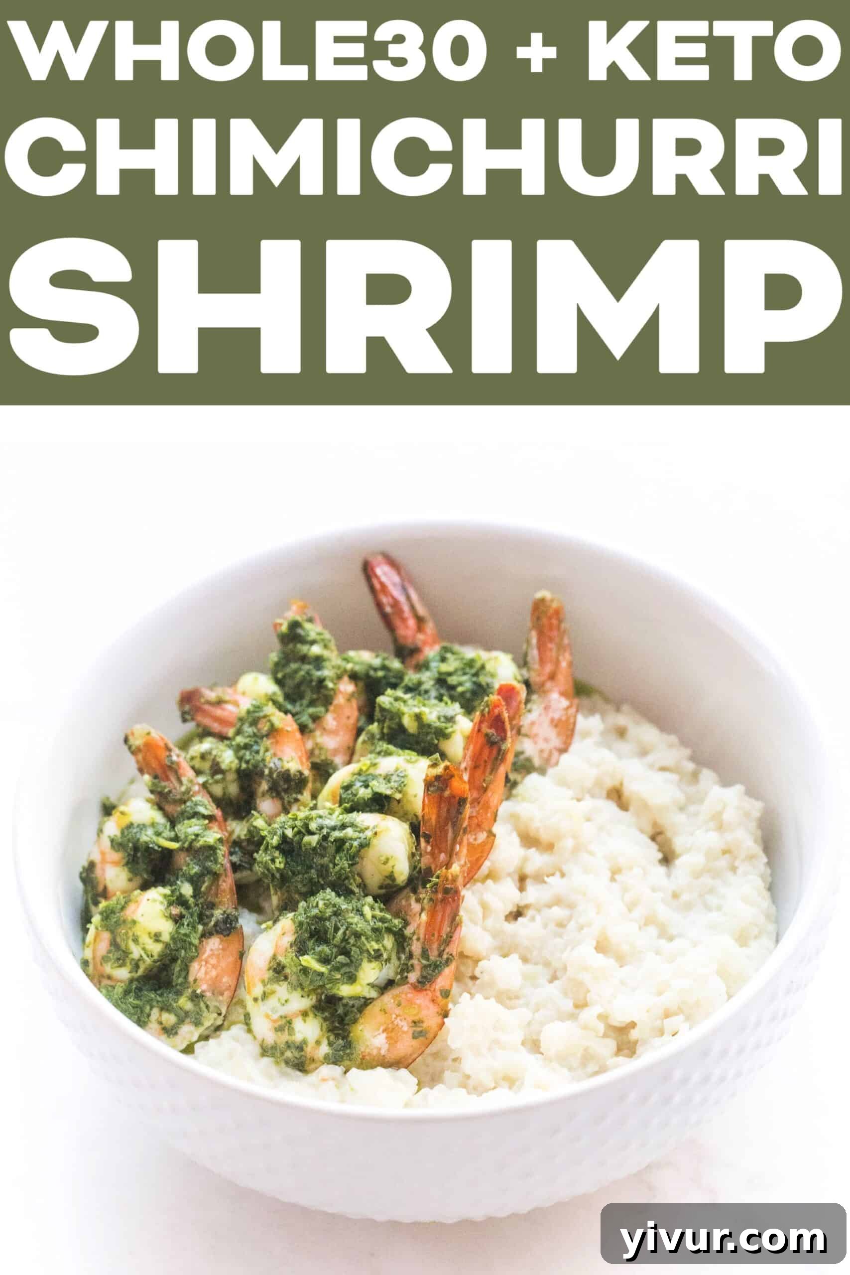A beautifully composed shot of chimichurri shrimp with cauliflower risotto on a white plate, highlighting its vibrant colors.