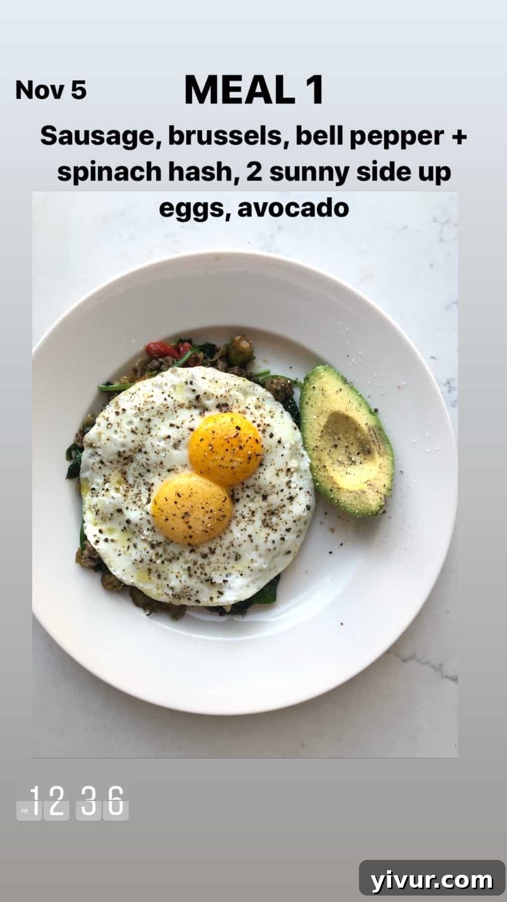 My Clean Keto and Whole30 Food Diary November 2019 6 Sausage, shaved brussels sprouts, bell pepper and spinach hash, sunny side up eggs, avocado for breakfast