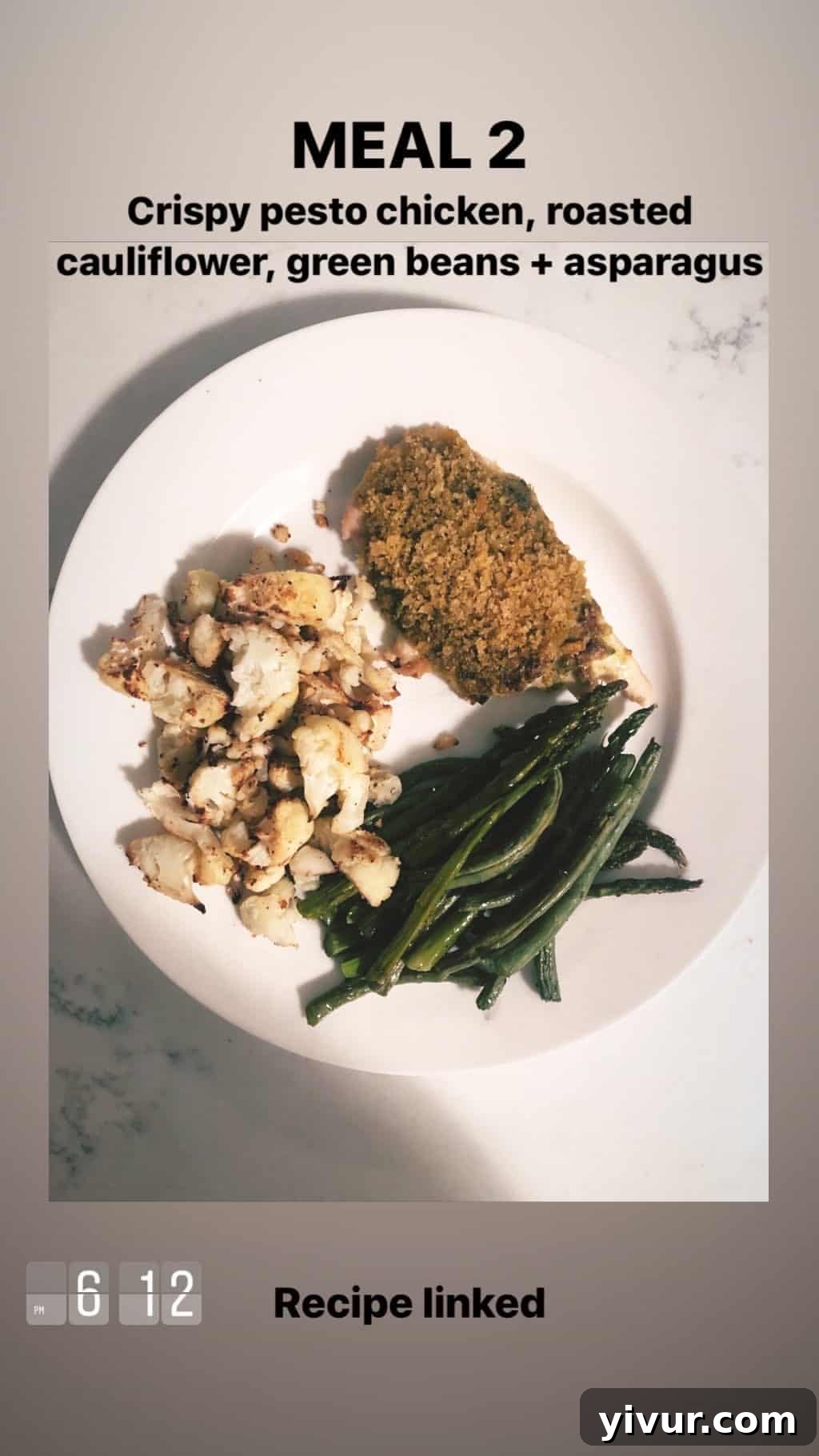 My Clean Keto and Whole30 Food Diary November 2019 31 Crispy pesto chicken, roasted cauliflower, green beans, and asparagus