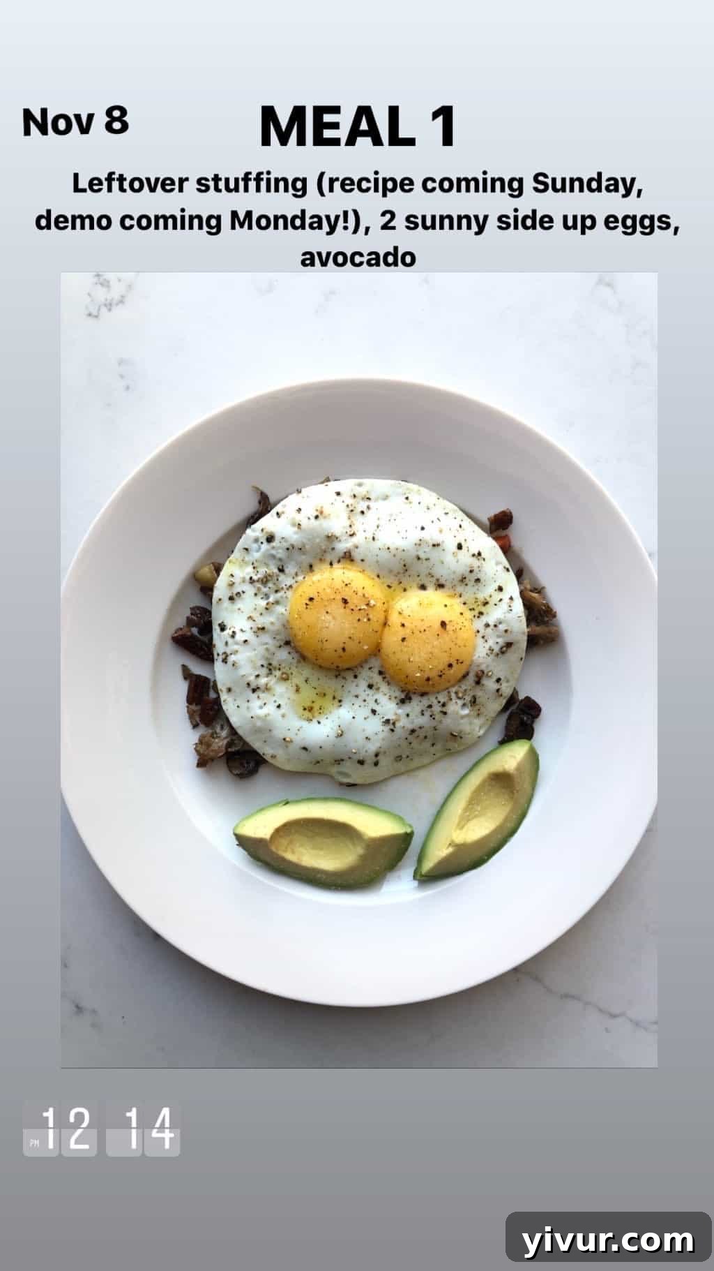 My Clean Keto and Whole30 Food Diary November 2019 10 Cauliflower stuffing, sunny side up eggs, and avocado for breakfast