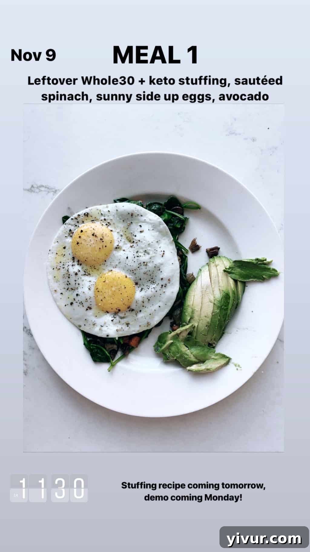 My Clean Keto and Whole30 Food Diary November 2019 11 Cauliflower stuffing, sauteed spinach, sunny side up eggs, and avocado