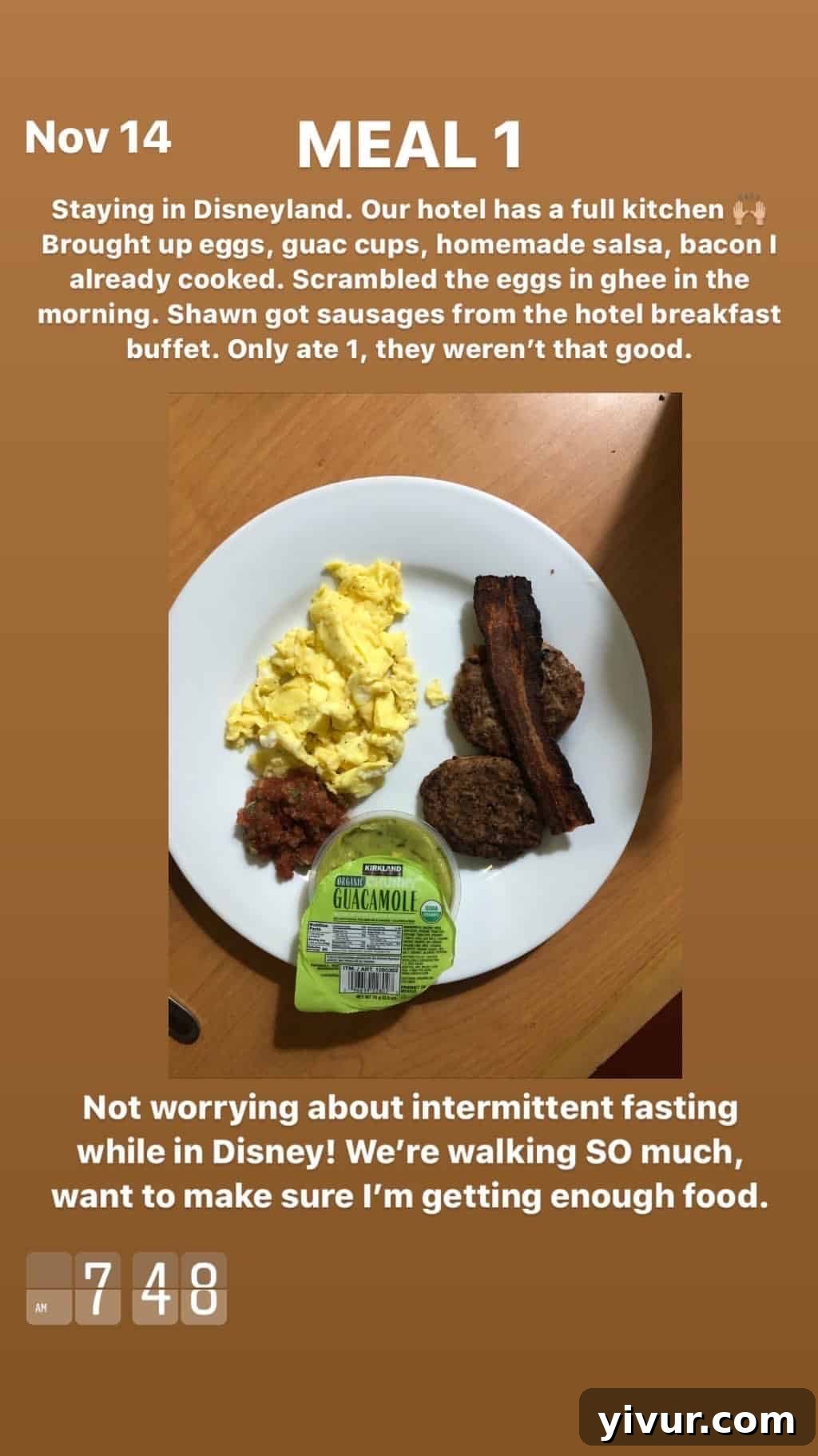 My Clean Keto and Whole30 Food Diary November 2019 13 Scrambled eggs, guacamole, salsa, bacon, and sausages breakfast platter