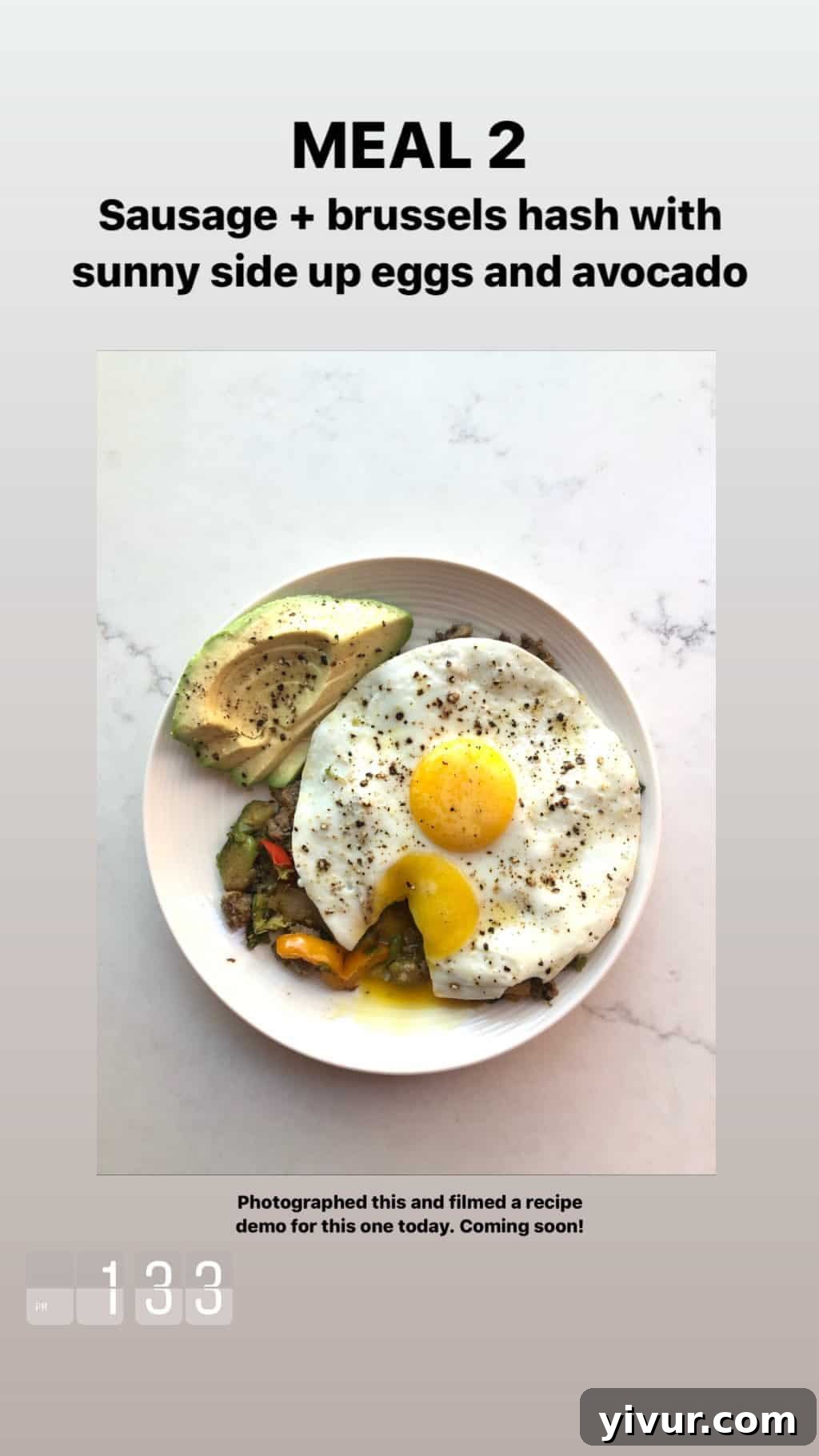 My Clean Keto and Whole30 Food Diary November 2019 4 Sausage, shaved brussels sprouts hash, sunny side up eggs, and avocado breakfast