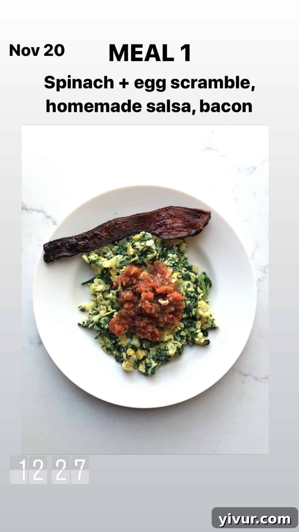My Clean Keto and Whole30 Food Diary November 2019 16 Spinach and egg scramble with salsa and bacon