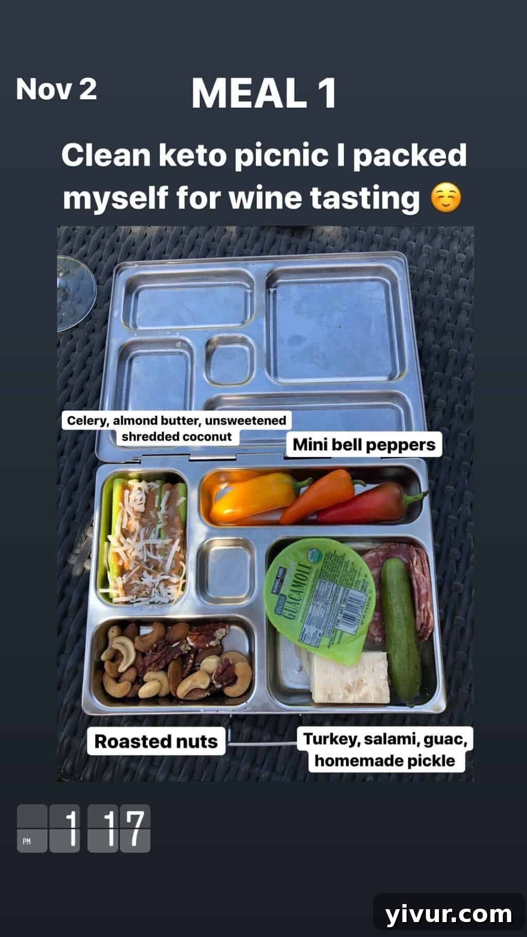 My Clean Keto and Whole30 Food Diary November 2019 27 Assorted snack plate with celery, almond butter, shredded coconut, mini bell peppers, roasted nuts, turkey, salami, guacamole, and homemade pickles