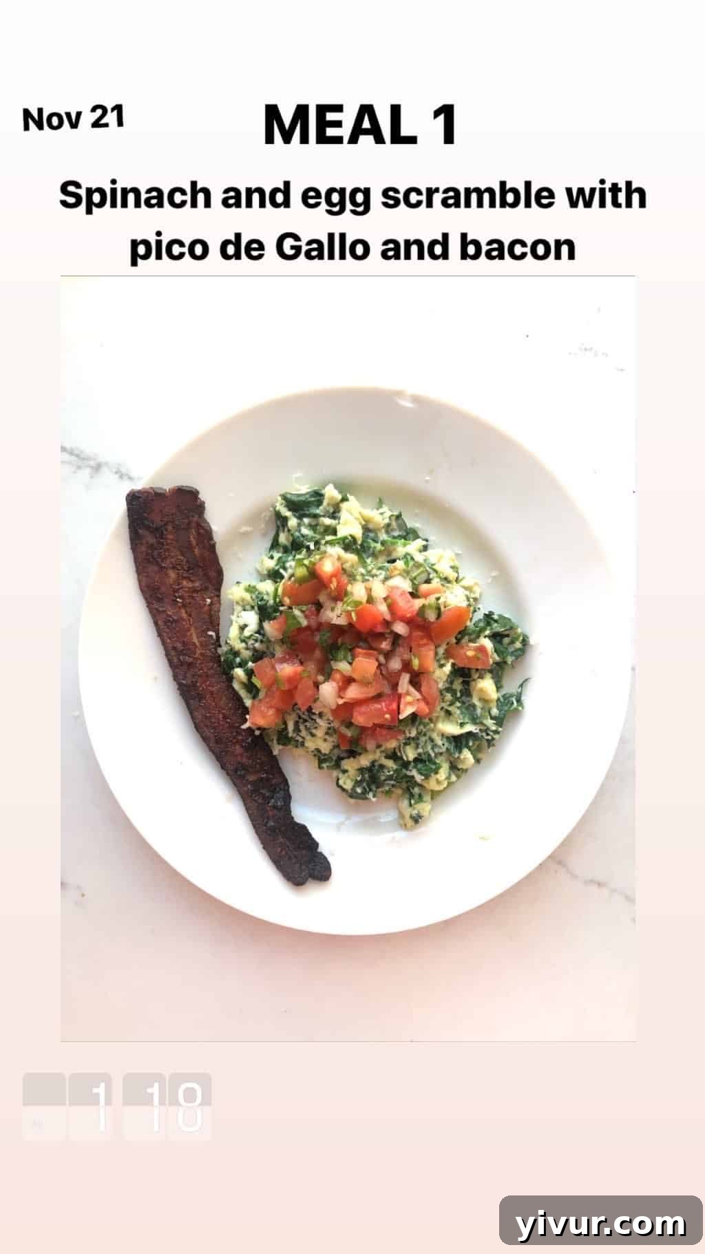 My Clean Keto and Whole30 Food Diary November 2019 17 Spinach and egg scramble with pico de gallo and bacon