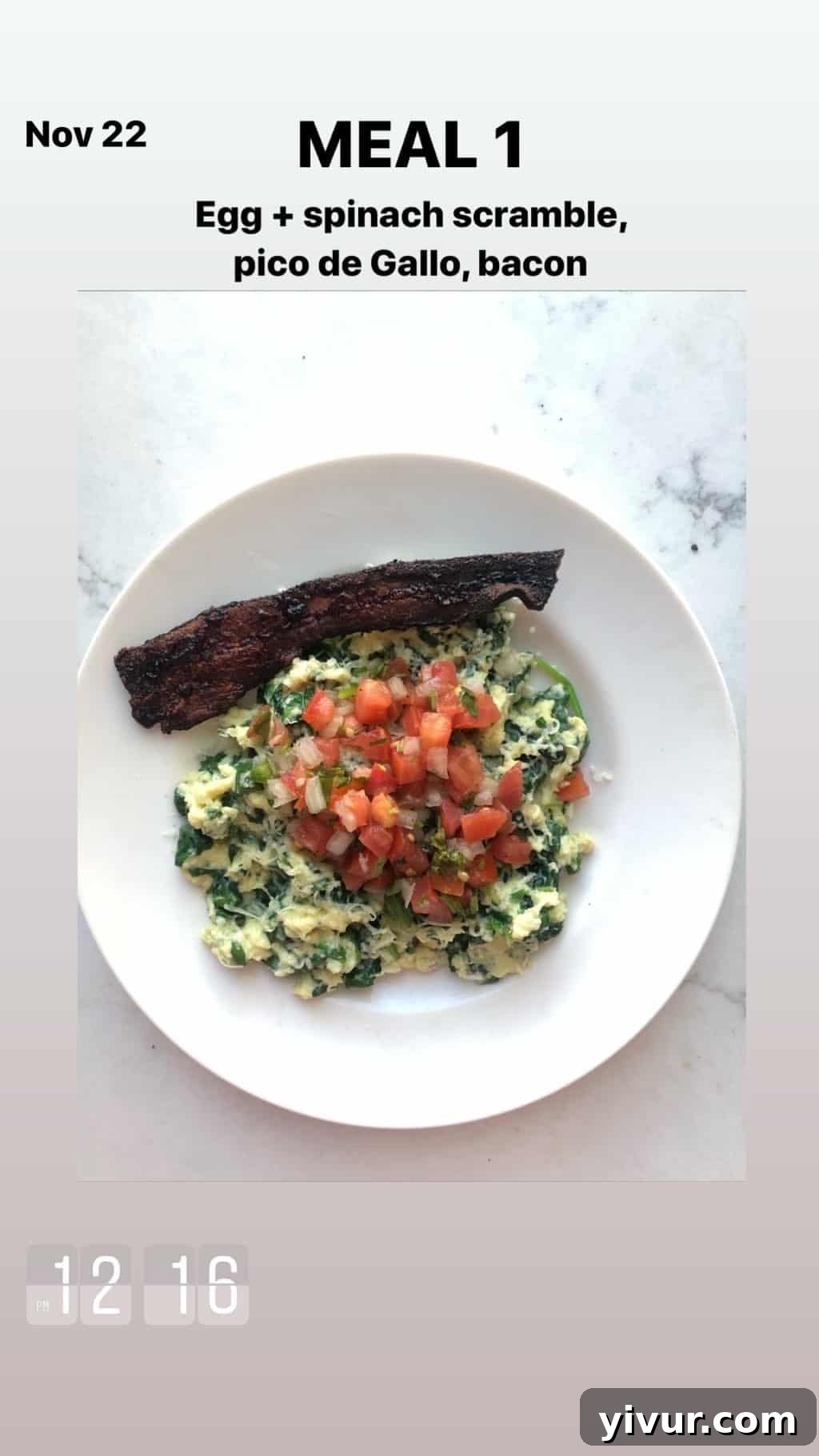 My Clean Keto and Whole30 Food Diary November 2019 18 Egg and spinach scramble with pico de gallo and bacon