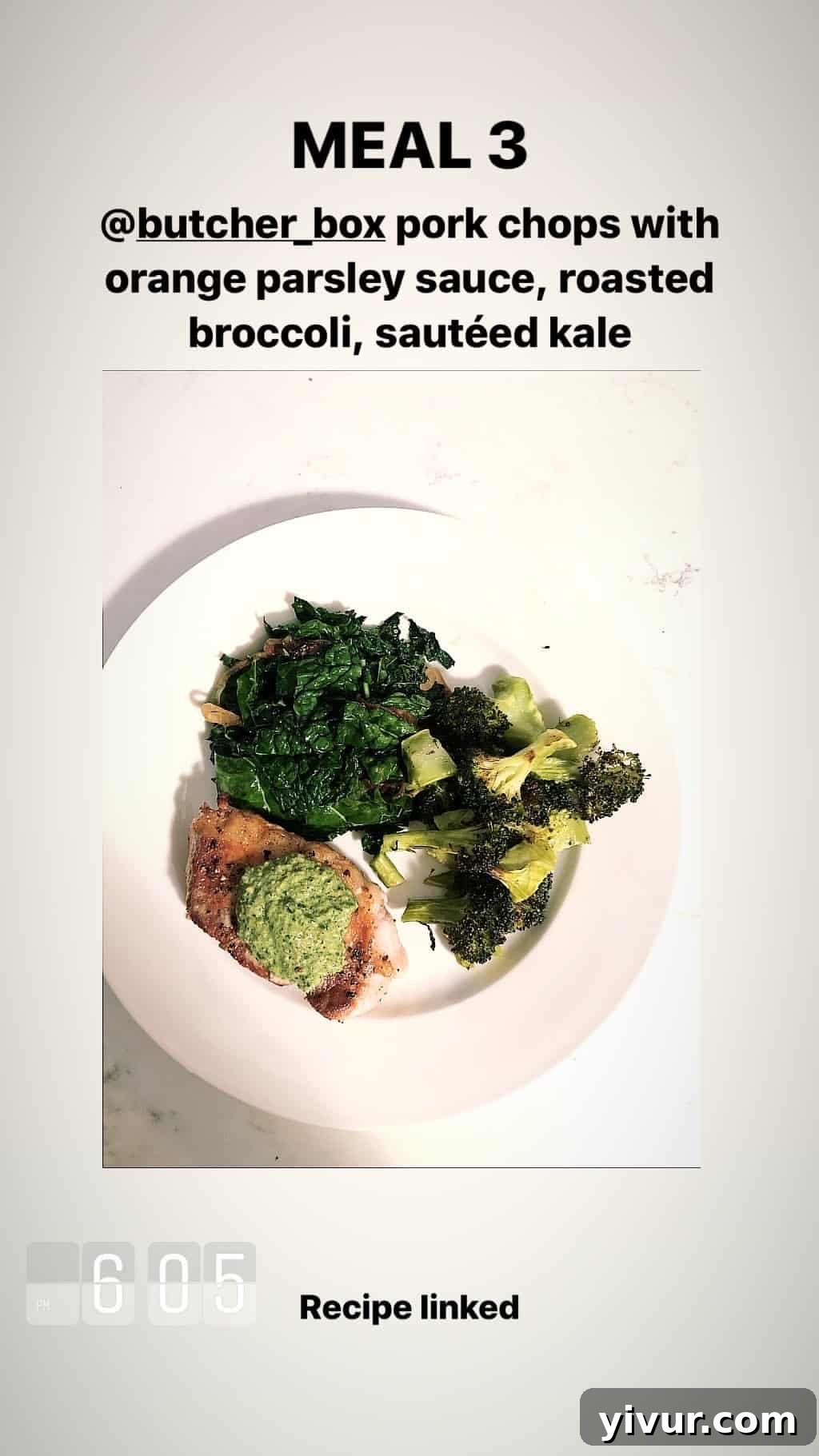 My Clean Keto and Whole30 Food Diary November 2019 45 Butcher Box pork chops with orange parsley sauce, roasted broccoli, and sauteed kale