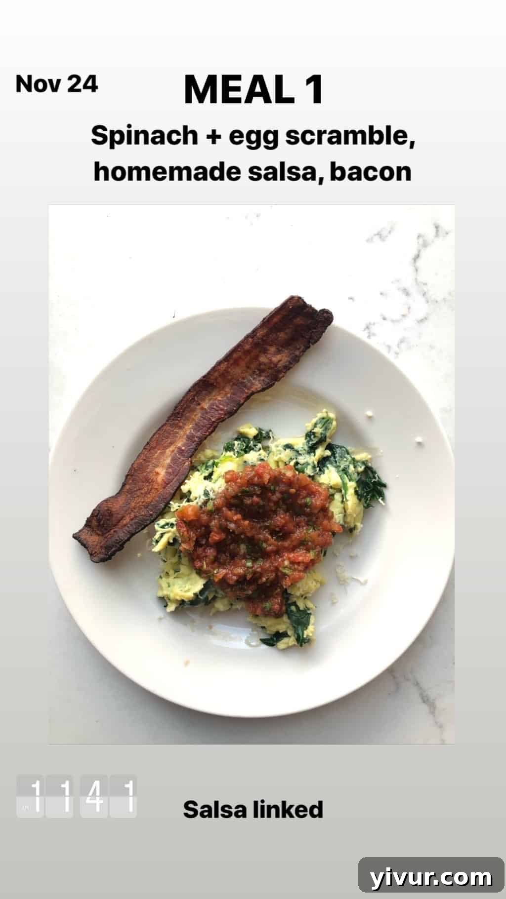 My Clean Keto and Whole30 Food Diary November 2019 20 Spinach and egg scramble with salsa and bacon