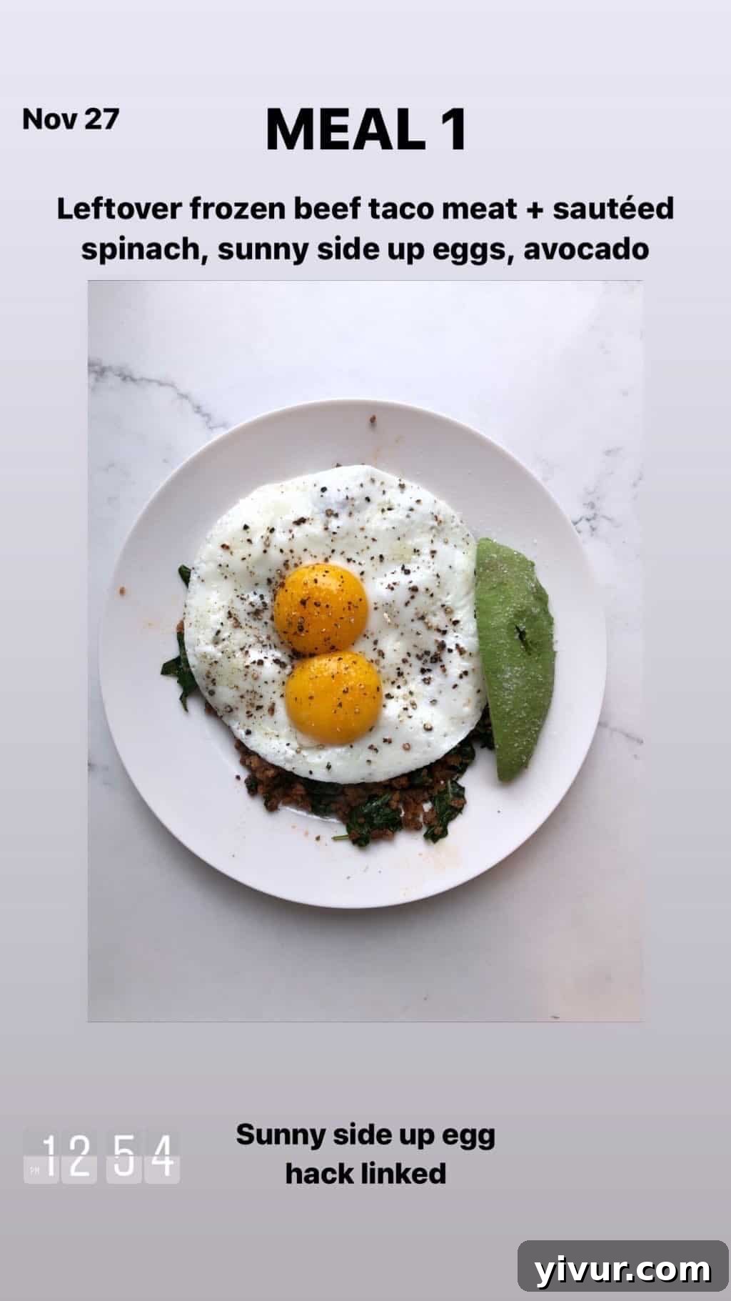 My Clean Keto and Whole30 Food Diary November 2019 21 Beef taco meat, sauteed spinach, sunny side up eggs, and avocado