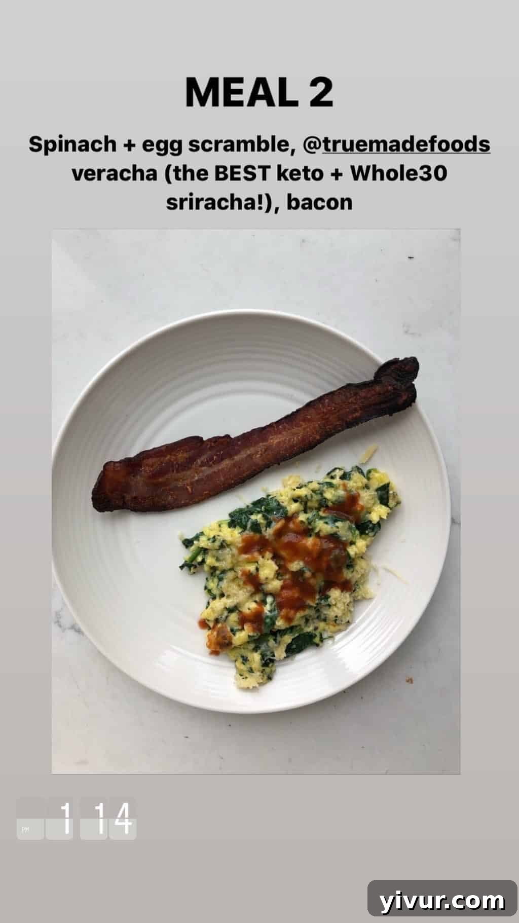 My Clean Keto and Whole30 Food Diary November 2019 23 Spinach and egg scramble with True Made Foods Veracha and bacon