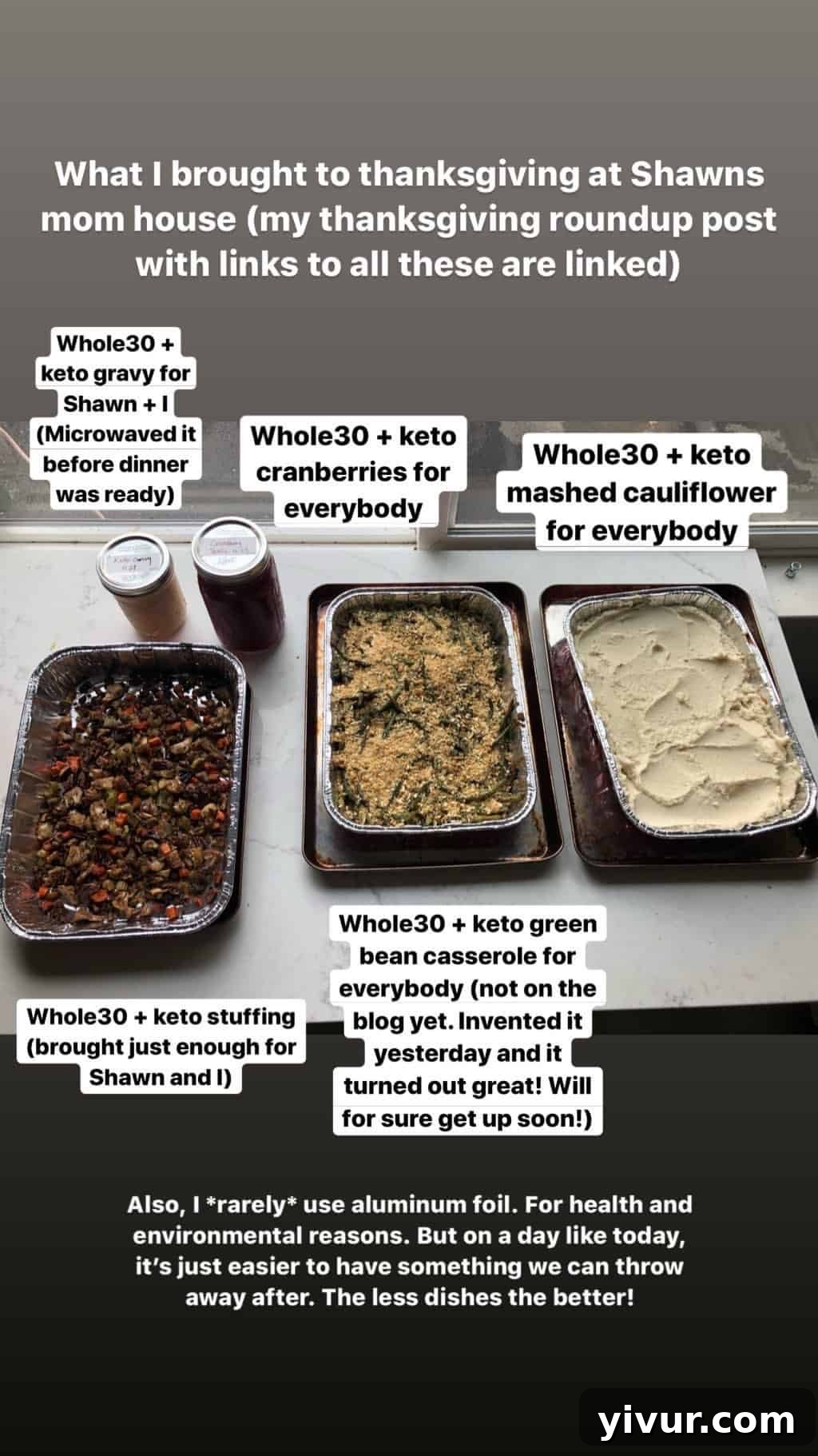 My Clean Keto and Whole30 Food Diary November 2019 50 Whole30 and Keto compliant gravy, cranberries, mashed cauliflower, stuffing, and green bean casserole