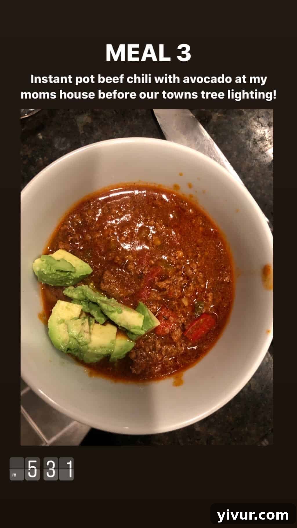 My Clean Keto and Whole30 Food Diary November 2019 51 Instant Pot beef chili with avocado
