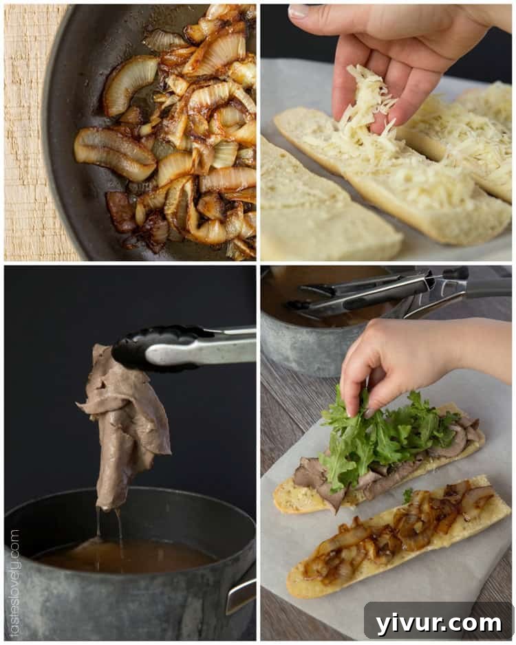 Ultimate Beef Dip Sandwich with Gruyere and Sweet Grilled Onions 4 A trio of beef dip sandwich halves, perfectly grilled, with melted Gruyere and caramelized onions, ready for dipping.