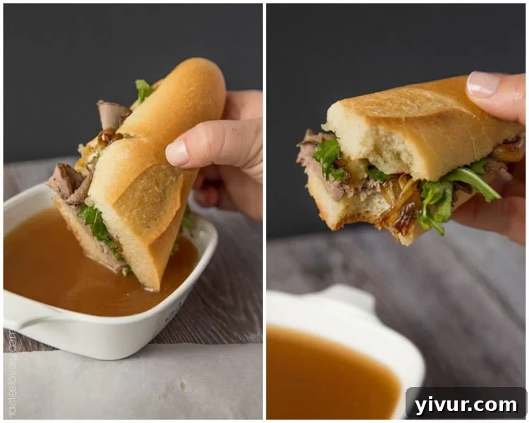 Ultimate Beef Dip Sandwich with Gruyere and Sweet Grilled Onions 6 Homemade beef dip sandwich, freshly prepared, with a bowl of au jus, ready for a delightful dip.