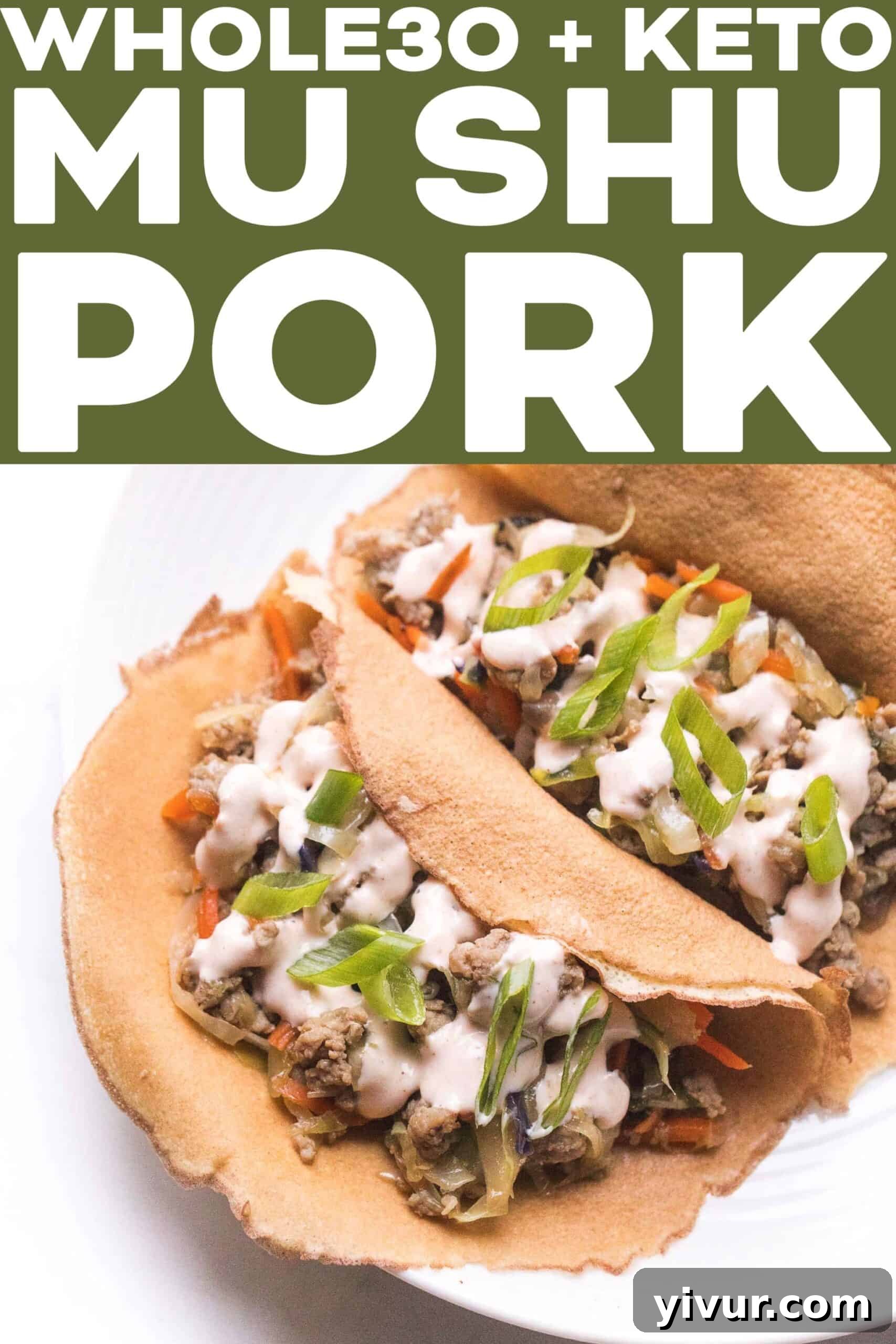 A close-up shot of a single Mu Shu Pork wrap, showcasing the rich filling and sriracha mayo drizzle