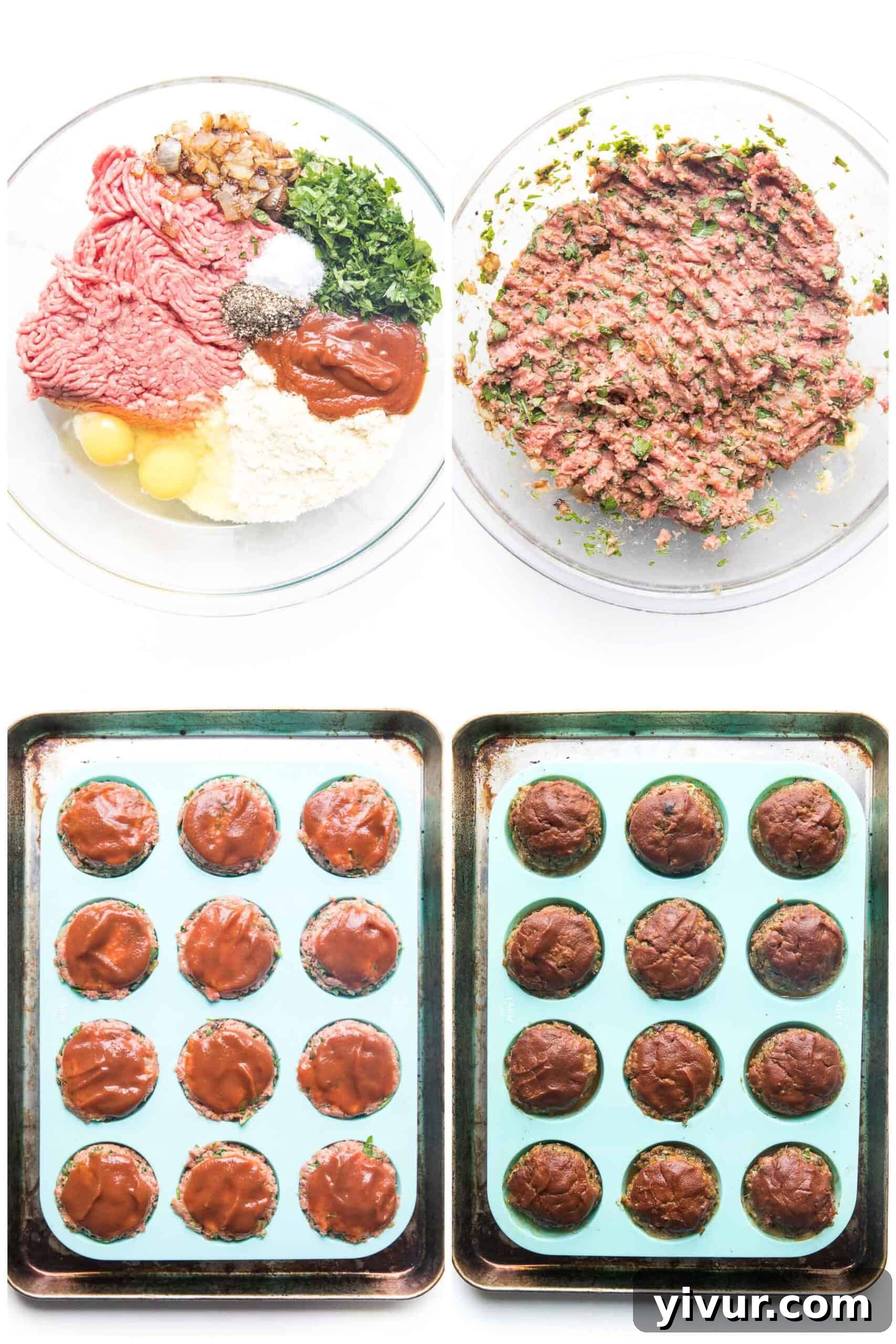 Quick Keto Meatloaf Muffin Bites 4 Hands mixing ground beef with finely chopped onions, garlic, almond flour, ketchup, parsley, and eggs in a large bowl for keto meatloaf muffins.