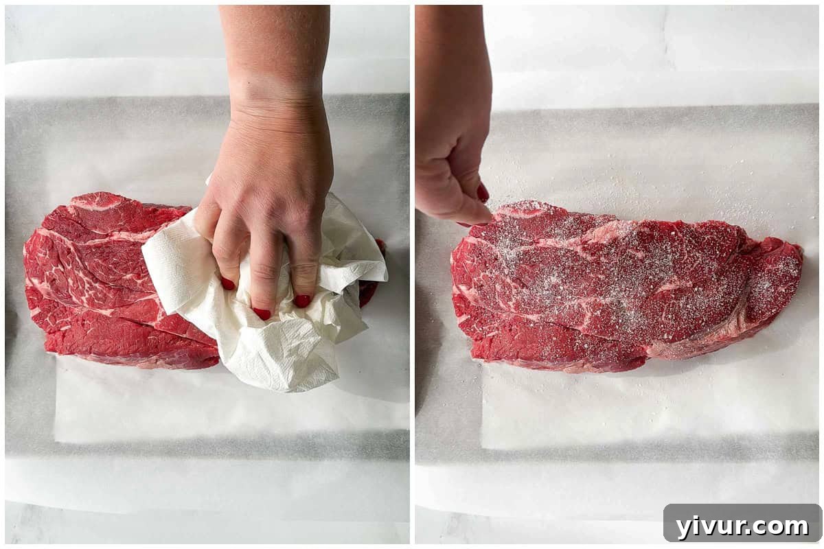 Patting the chuck roast dry and seasoning with salt and pepper
