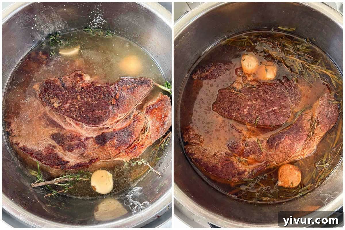 Cooking a pot roast in an instant pot in stock and herbs