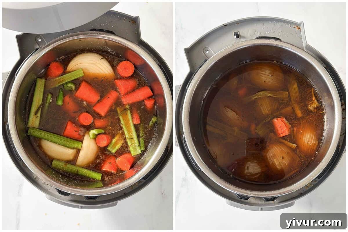 Cooking the vegetables of a pot roast in an instant pot.