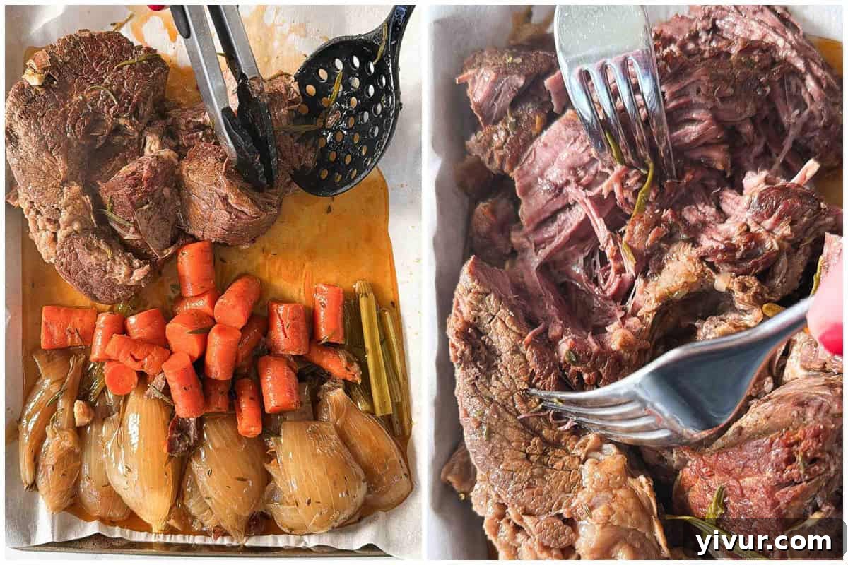 Setting a cooked pot roast on a serving tray and shredding with a fork.