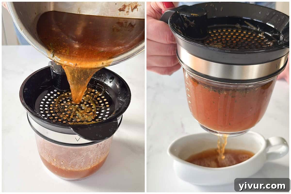 straining pot roast cooking liquid into a fat separator. 