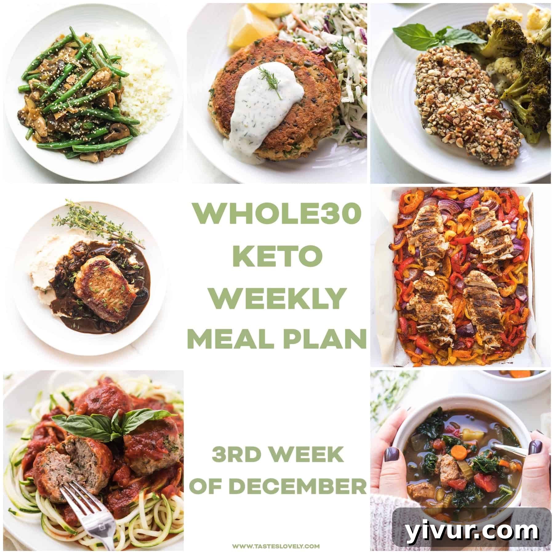 Whole30 and Keto Weekly Meal Plan overview image featuring various healthy dishes and meal prep containers