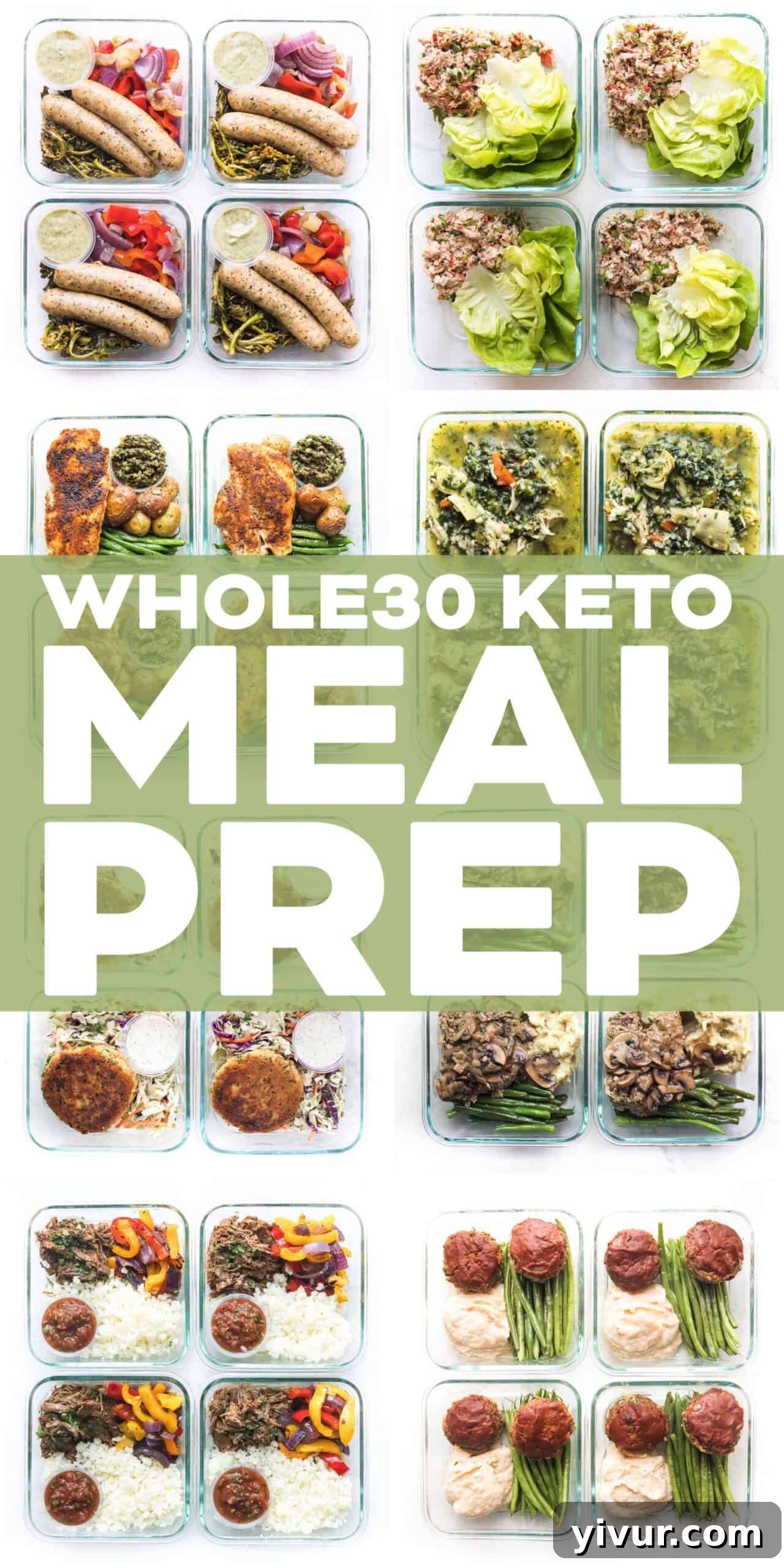 22 Whole30 Keto Meal Prep Lunches and Dinners 2 A vibrant display of various Whole30 Keto meal prep lunches and dinners in glass containers, showcasing fresh ingredients and balanced meals for healthy eating on the go.