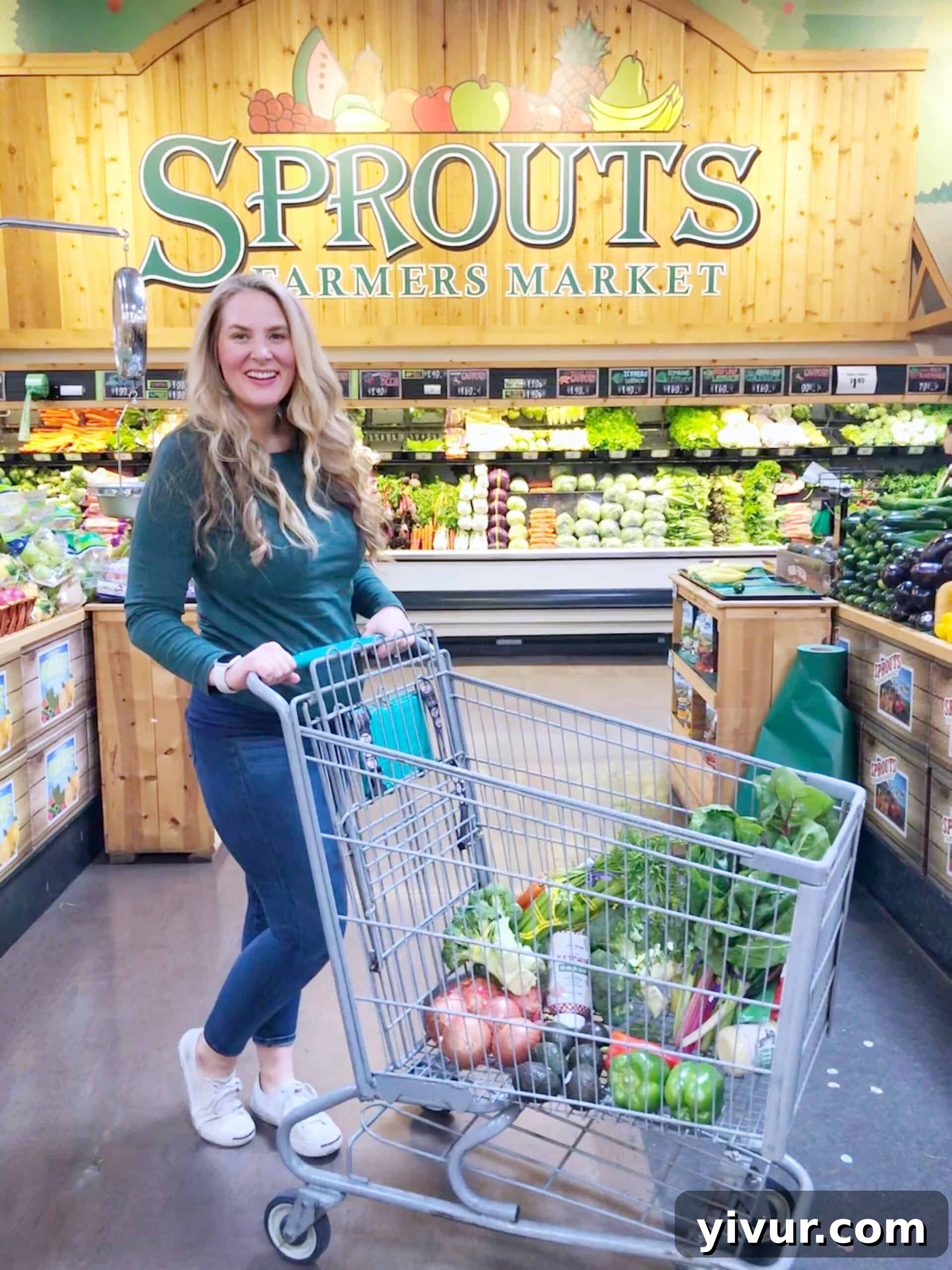 A woman enthusiastically grocery shopping at Sprouts, pushing a cart filled with fresh produce in the brightly lit produce department.