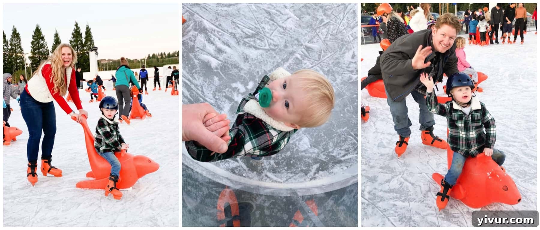 Children and adults enjoying an outdoor holiday ice skating rink, surrounded by festive decorations.