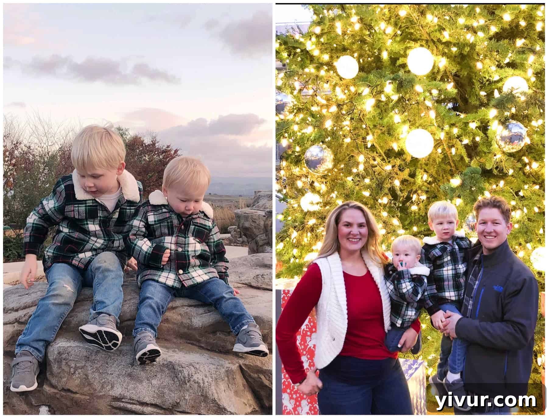 Children sitting on Santa's lap, smiling brightly during a festive holiday visit.