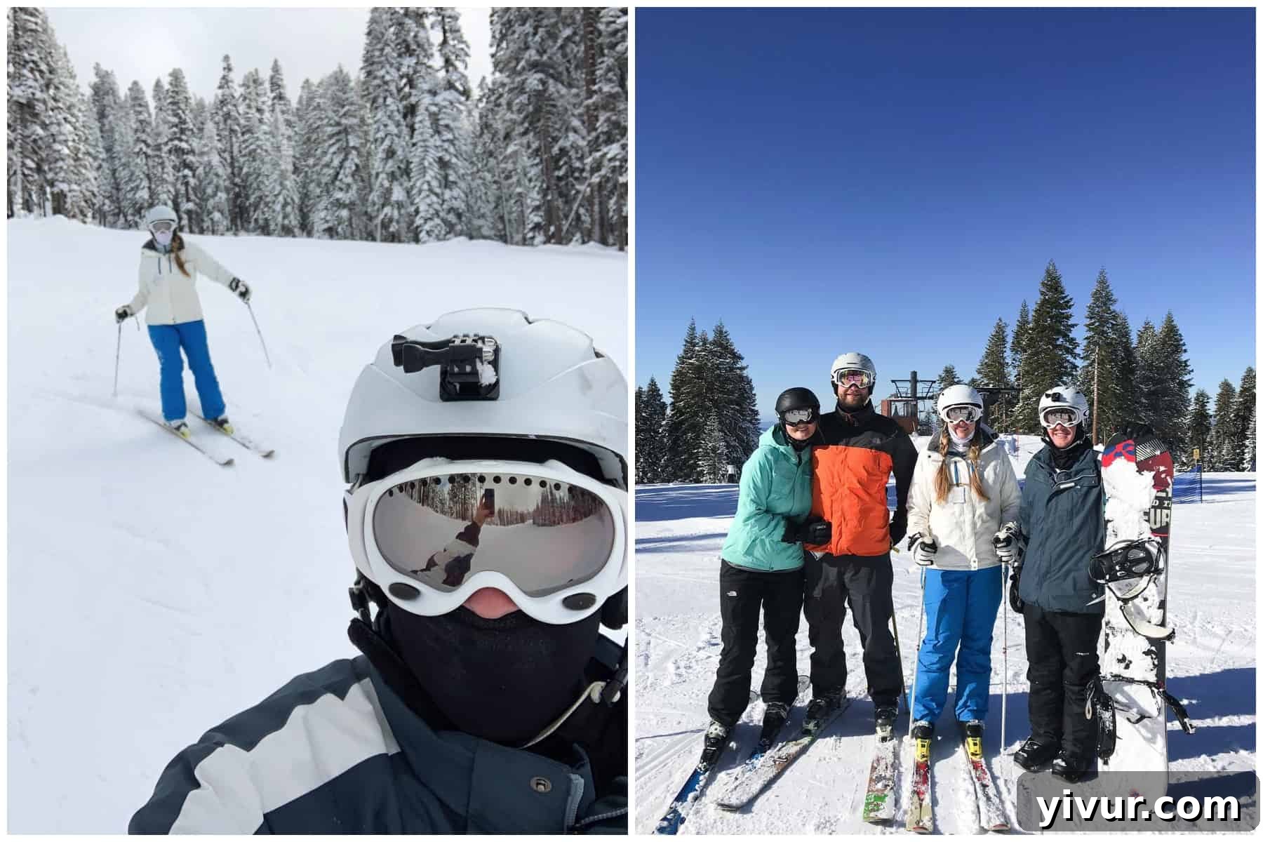 A couple joyfully skiing down a snowy mountain slope, enjoying their winter sports getaway.