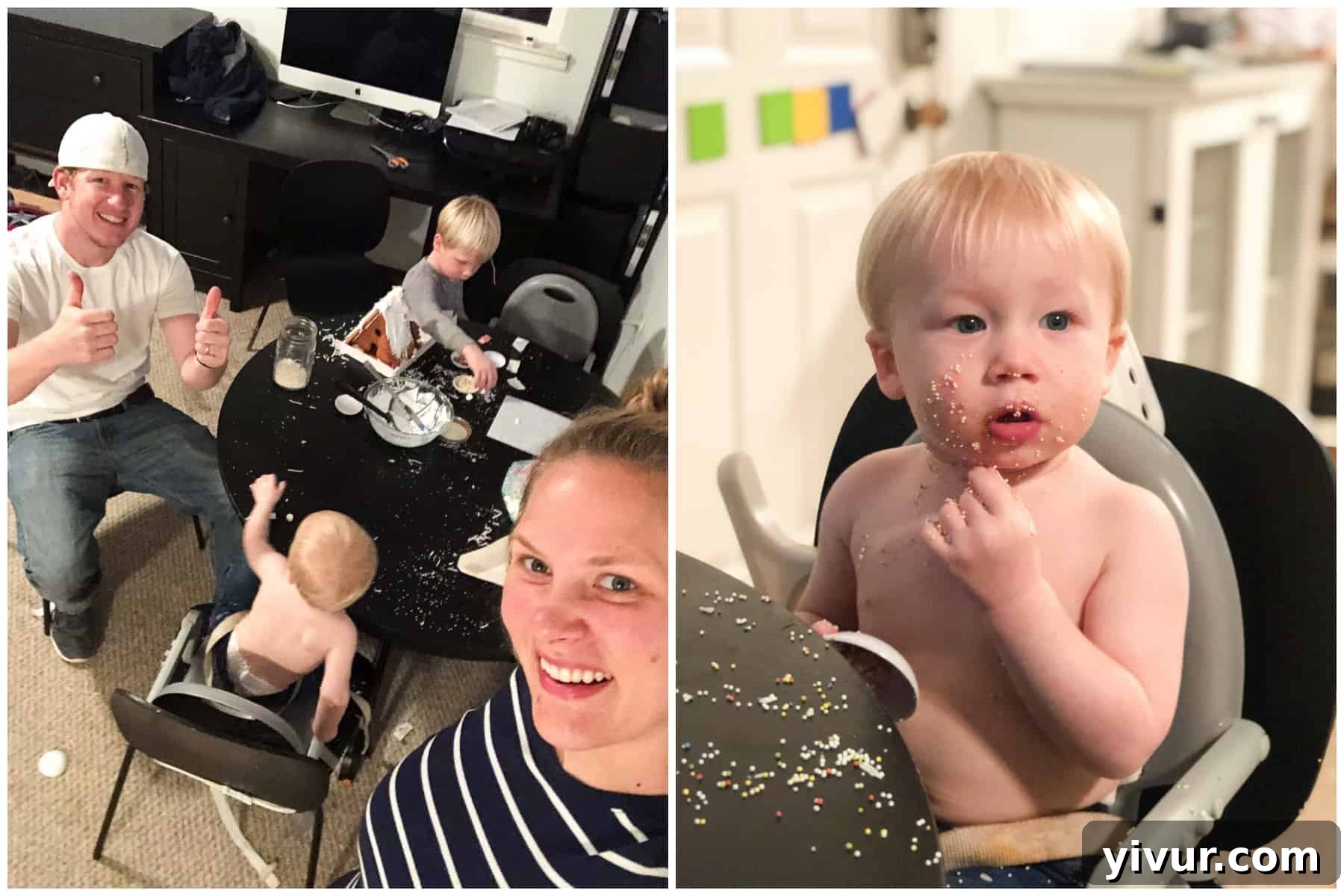 Children happily decorating gingerbread houses with colorful candies and frosting.