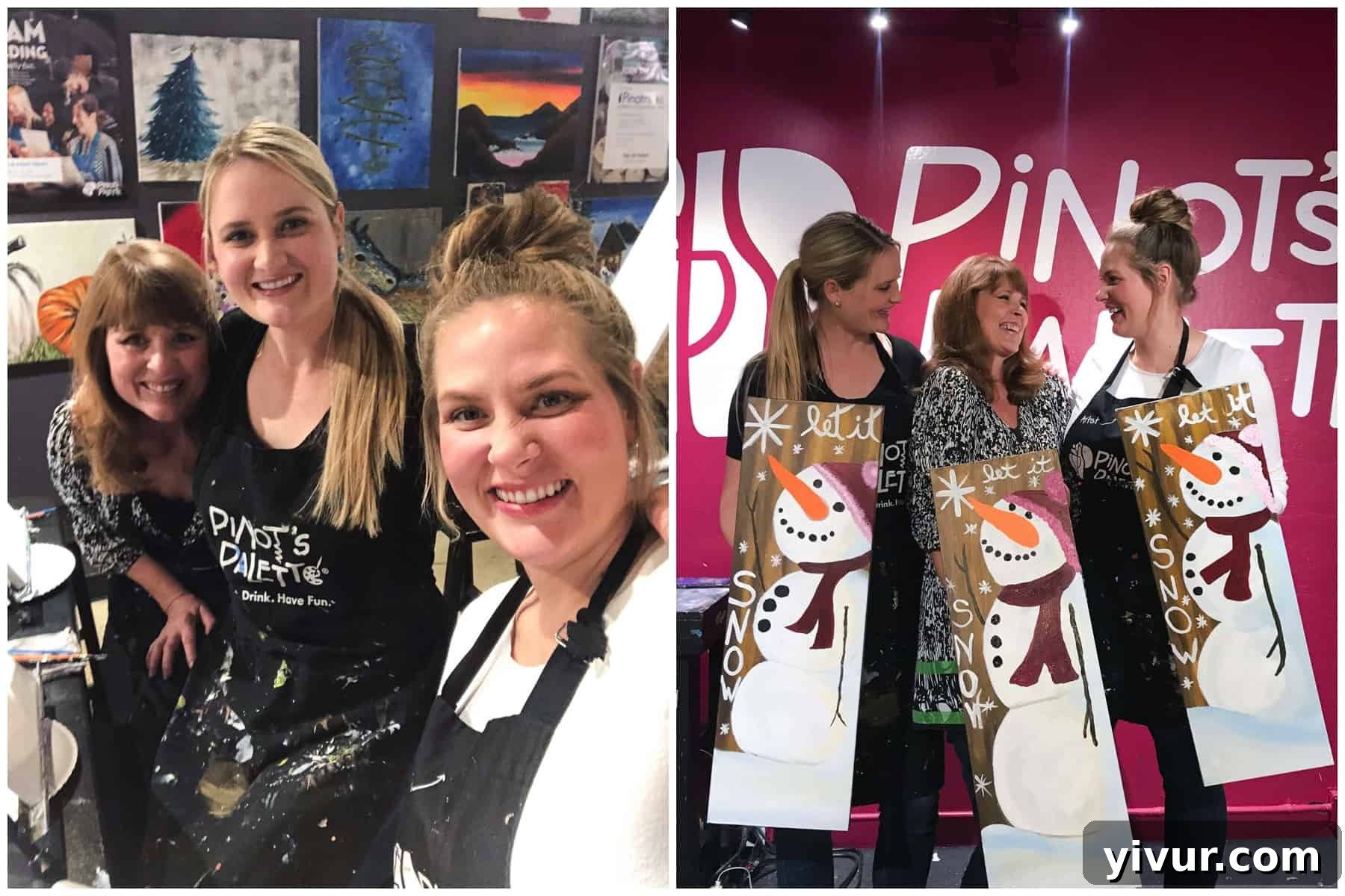 Three women enjoying a painting class together during a fun girls' night out.