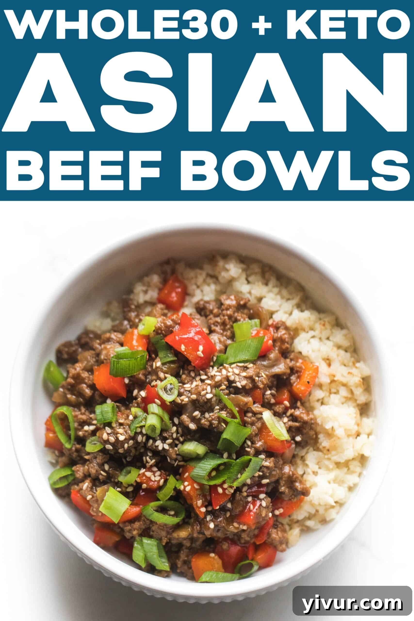 Umami-Rich Whole30 Keto Asian Beef Bowls 7 A vibrant and appetizing close-up of the Whole30 + Keto Asian Beef Bowls, showcasing the rich texture of the ground beef and bell peppers, topped with fresh green onions, ready to be enjoyed.