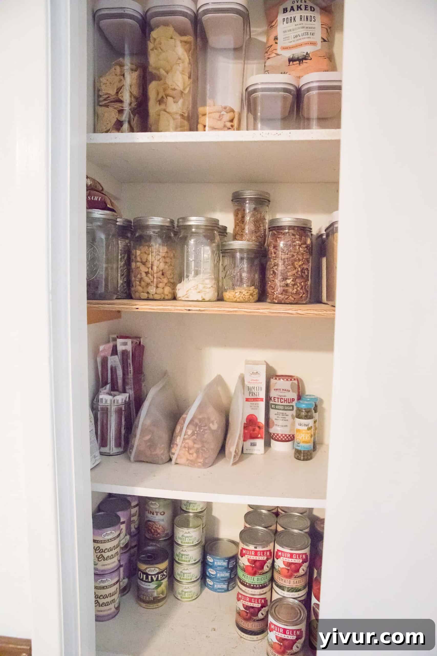 Organized keto pantry with canned goods, nuts, and keto snacks