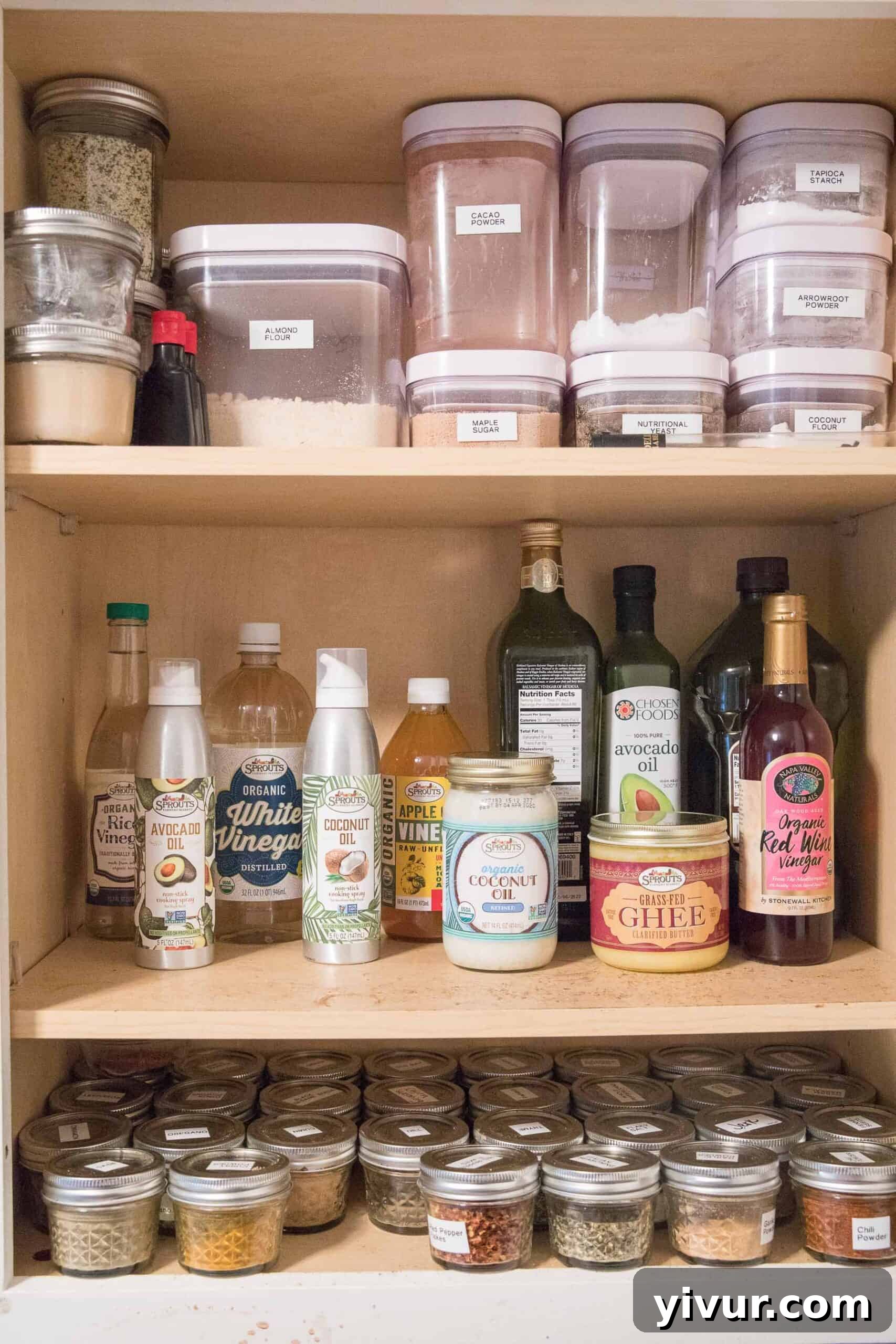 Organized keto spice cabinet and baking essentials