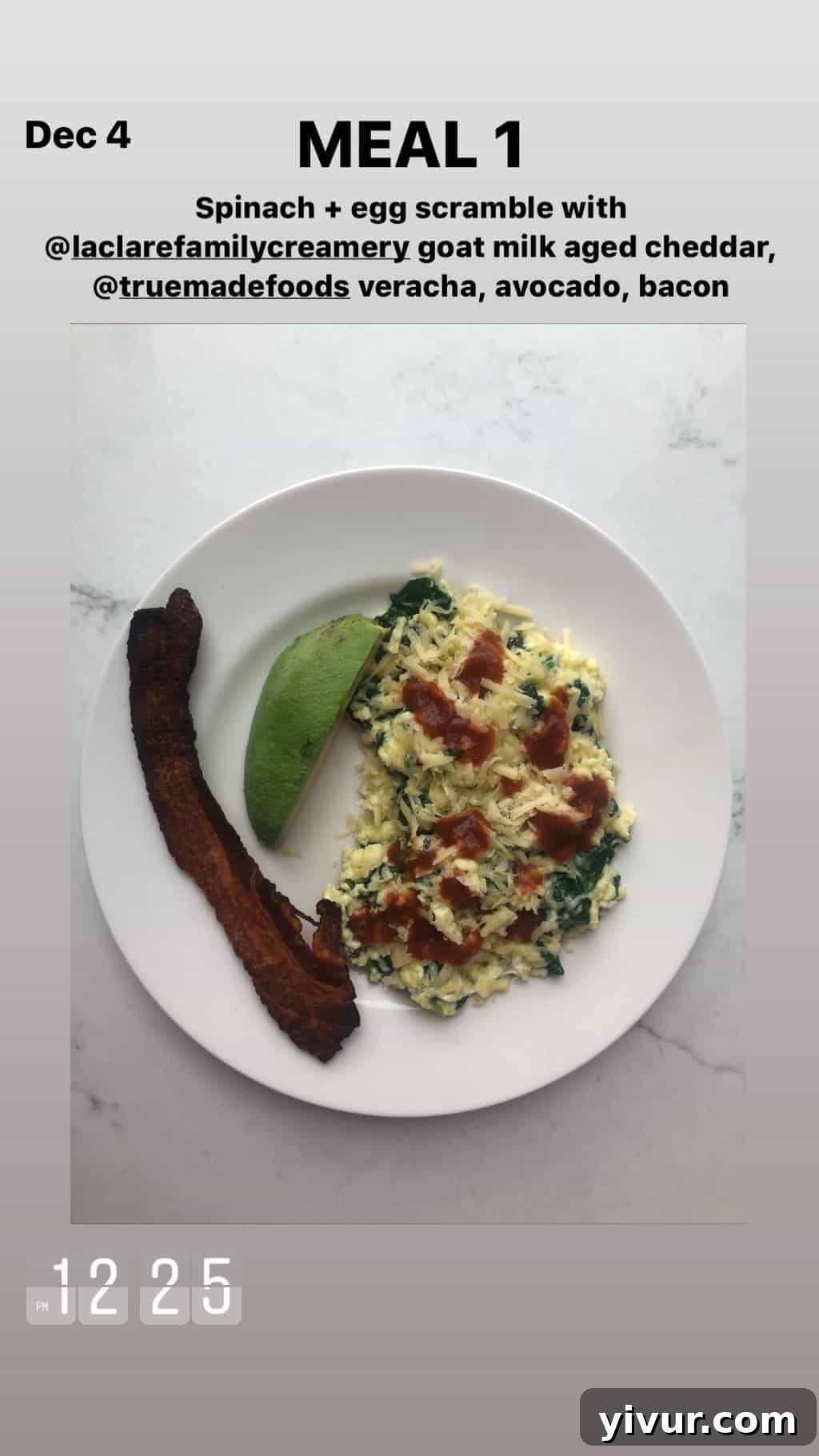 December 2019 Clean Keto and Whole30 Food Diary 14 Another serving of spinach and egg scramble with goat milk cheddar, True Made Foods Veracha, and bacon, a testament to its consistent appeal.